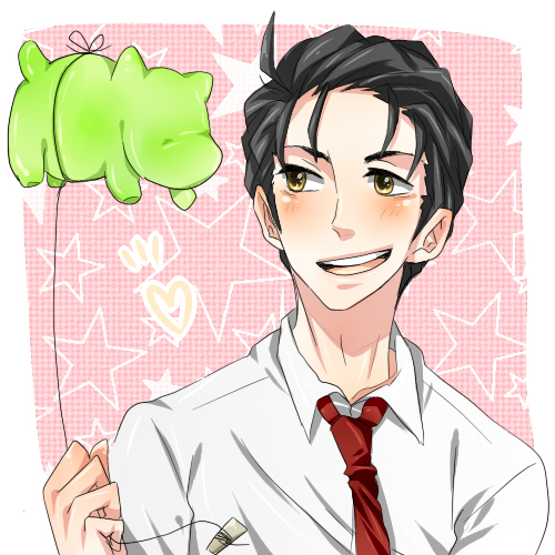 adachi (nogami nono), coalow, kimidori-san, shiraishi minoru, shiraishi minoru (voice actor), taniguchi (suzumiya haruhi), lucky star, suzumiya haruhi-chan no yuuutsu, suzumiya haruhi no yuuutsu, lowres, 00s, 1boy, balloon, black hair, brown eyes, dog, male focus, school uniform, solo, string, voice actor connection