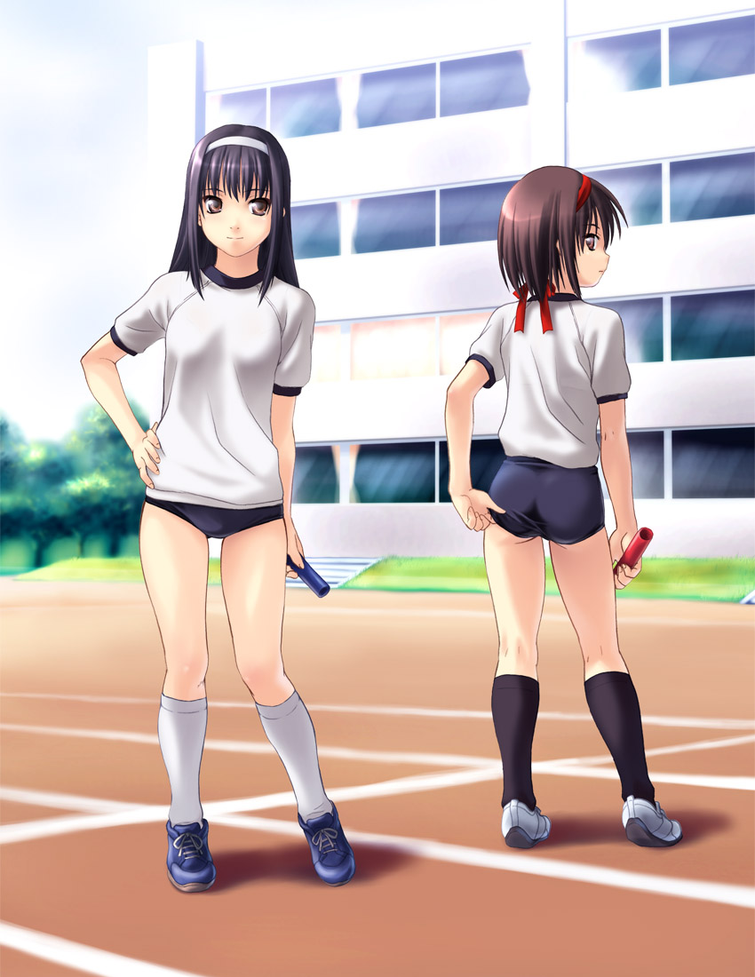 norizou type-r, 2girls, adjusting buruma, adjusting clothes, ass, black socks, brown hair, buruma, gym uniform, hairband, kneehighs, kneepits, legs, long hair, looking back, multiple girls, purple hair, relay baton, shoes, short hair, sneakers, socks, track and field, white socks