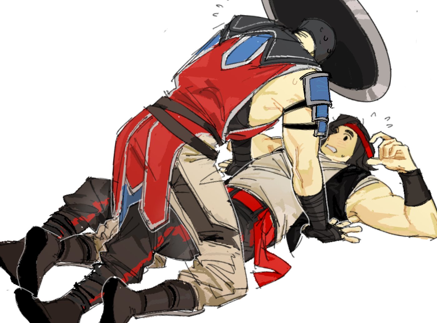 kung lao, liu kang, mortal kombat (series), 2boys, belt, black boots, black hair, black hat, black pants, black vest, boots, breasts, brown pants, chinese clothes, enopth1102, flying sweatdrops, hairband, hat, looking at another, male focus, martial arts belt, medium breasts, multiple boys, muscular, muscular male, pants, red belt, red hairband, shirt, simple background, sleeveless, sweatdrop, vest, white background, white shirt, yaoi, yukadon