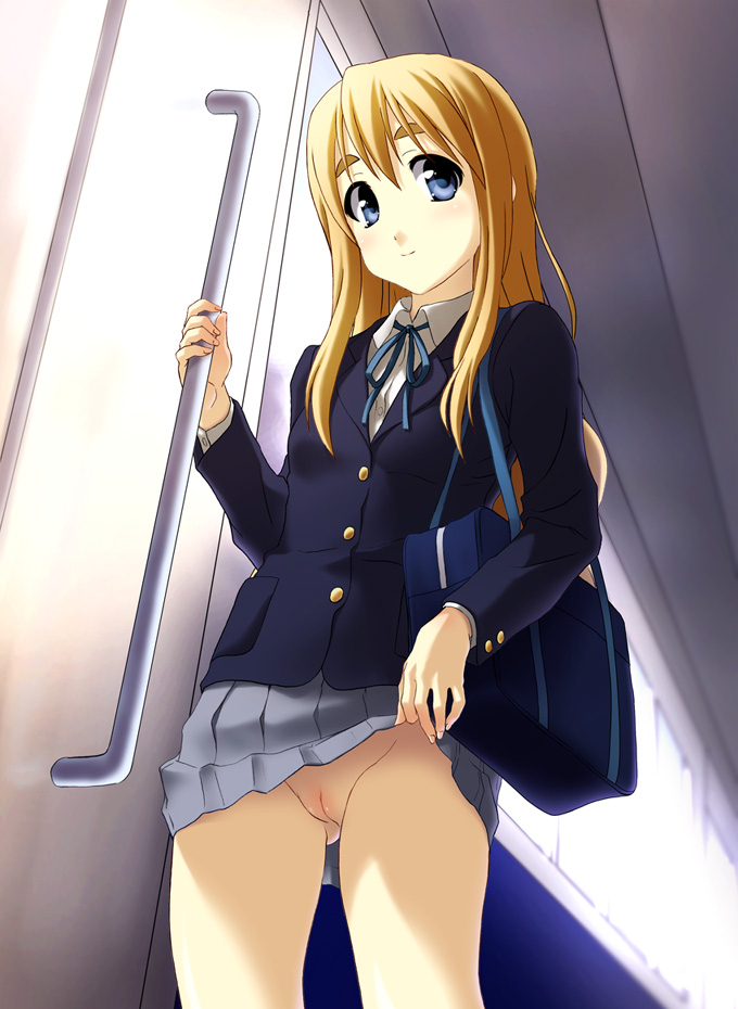 norizou type-r, kotobuki tsumugi, k-on!, 1girl, bag, blonde hair, blue eyes, blush, cleft of venus, clothes lift, exhibitionism, female focus, lifting own clothes, long hair, no panties, public indecency, pussy, school uniform, skirt, skirt lift, smile, solo, train, train interior, uncensored, upskirt