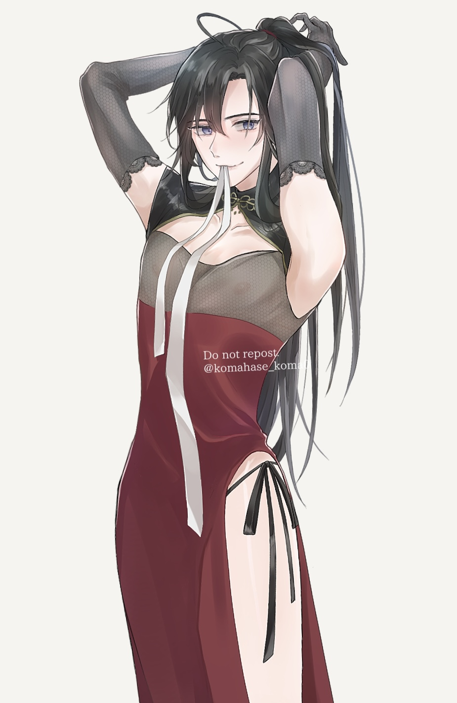 wei wuxian, modao zushi, highres, 1boy, ahoge, alternate costume, armpits, arms up, black gloves, black hair, black panties, blush, china dress, chinese clothes, cleavage cutout, closed mouth, clothing cutout, collarbone, covered erect nipples, crossdressing, crossdressing (mtf), dress, elbow gloves, gloves, grey eyes, hair between eyes, hair ribbon, implied yaoi, koma hase, long hair, looking at viewer, male focus, mouth hold, multicolored dress, nipples, panties, pectorals, pelvic curtain, ponytail, red dress, ribbon, ribbon in mouth, see-through clothes, see-through dress, side-tie panties, side slit, sidelocks, simple background, sleeveless, sleeveless dress, smile, solo, trap, twitter username, tying hair, underwear, white background, white ribbon