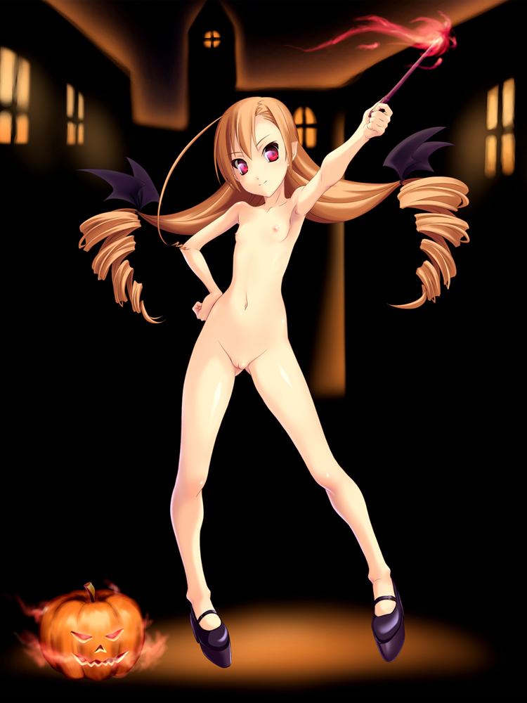 norizou type-r, original, 1girl, armpits, brown hair, cleft of venus, drill hair, female focus, flat chest, jack-o'-lantern, loli, mary janes, nipples, nude, pumpkin, pussy, red eyes, shoes, solo, uncensored, wand