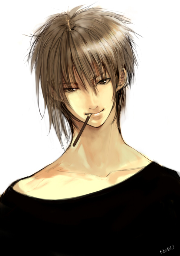 nobusnow, original, bad id, bad pixiv id, 1boy, brown eyes, brown hair, food, male focus, popsicle stick, short hair, simple background, smile, solo, sweets, upper body, white background