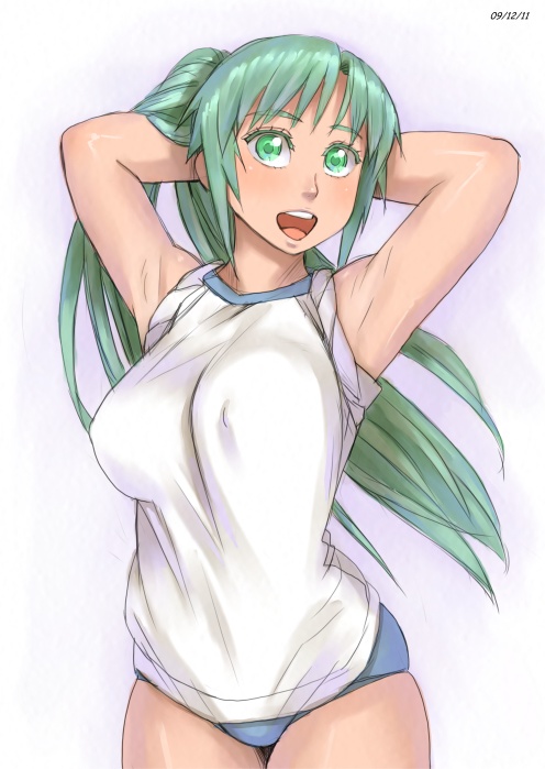 zenkou, sonozaki mion, higurashi no naku koro ni, 00s, 1girl, armpits, arms behind head, arms up, breasts, buruma, female focus, green eyes, green hair, gym uniform, large breasts, long hair, matching hair/eyes, shirt, solo, taut clothes, taut shirt