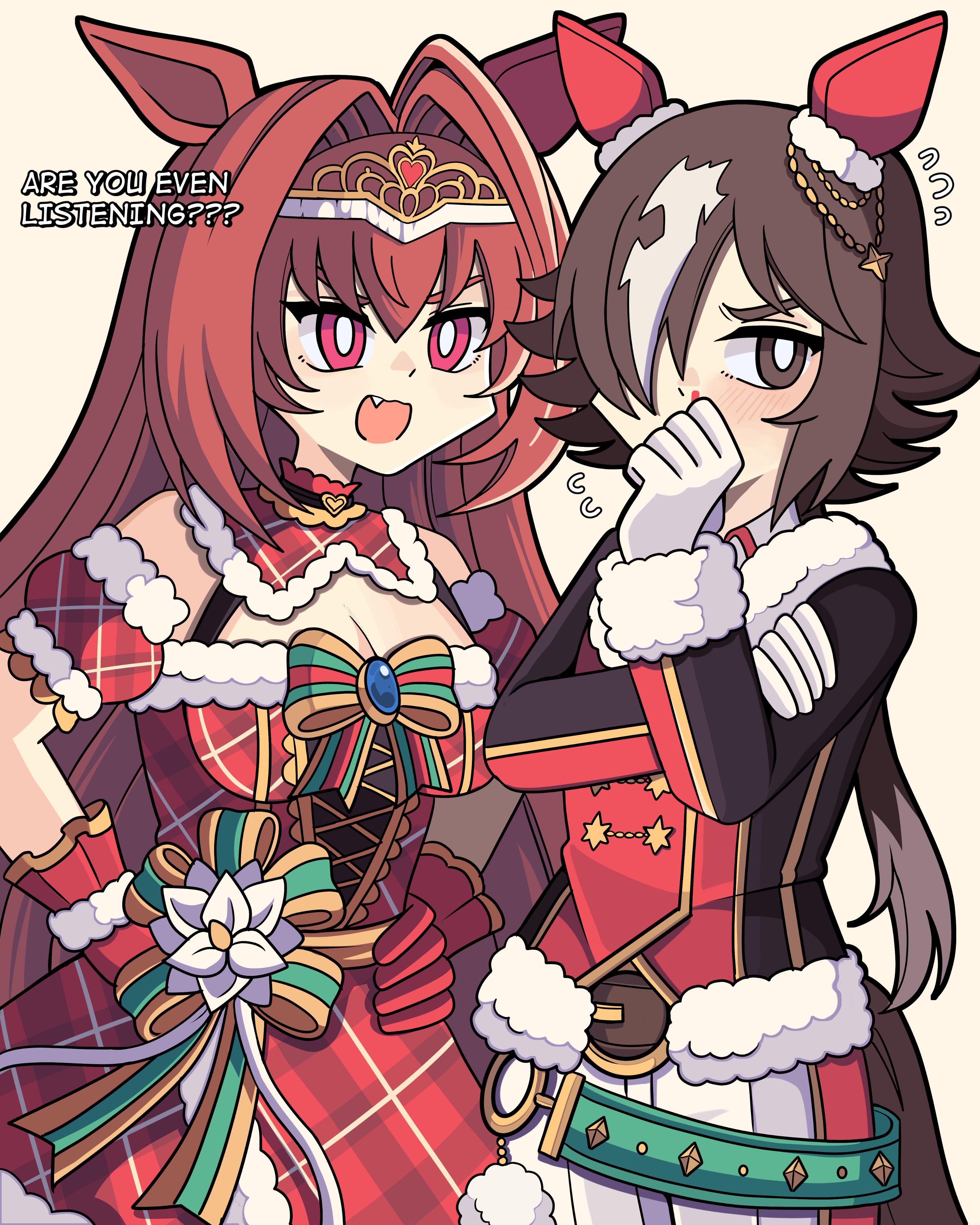 bobamiruku, daiwa scarlet (scarlet nuit etoile) (umamusume), daiwa scarlet (umamusume), vodka (nonfreezing aqua vitae) (umamusume), vodka (umamusume), umamusume, absurdres, commentary, english commentary, highres, 2girls, animal ears, arm garter, black jacket, blush, breasts, brown hair, cleavage, covering own mouth, dress, ear covers, fur-trimmed dress, fur-trimmed gloves, fur-trimmed jacket, fur-trimmed sleeves, fur armlet, fur jacket, fur trim, gloves, hair between eyes, hair intakes, hair over one eye, hand over own mouth, horse ears, horse girl, horse tail, jacket, large breasts, long hair, long sleeves, multiple girls, official alternate costume, official alternate hairstyle, open mouth, pants, plaid clothes, plaid dress, plaid sleeves, red dress, red eyes, red gloves, red jacket, santa costume, santa dress, simple background, single ear cover, tail, tiara, very long hair, white gloves, white pants