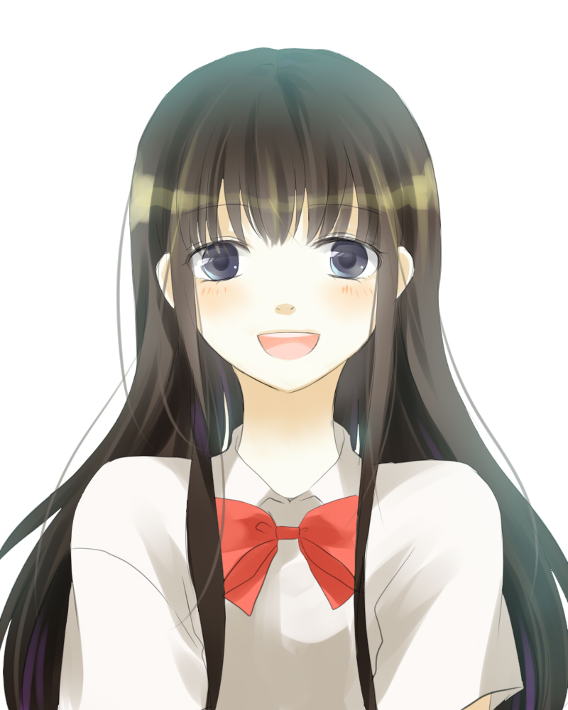 uto uto, kuronuma sawako, kimi ni todoke, bad id, bad pixiv id, 00s, 1girl, black hair, blue eyes, bow, female focus, happy, school uniform, simple background, smile, solo, white background