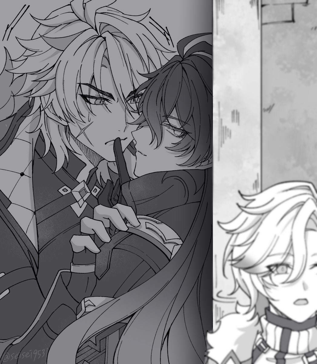 flins (genshin impact), illuga (genshin impact), varka (genshin impact), genshin impact, highres, 3boys, ahoge, black gloves, closed mouth, gloves, greyscale, hand on another's shoulder, looking at another, male focus, monochrome, multiple boys, scar, scar on face, seisei9531, smile, yaoi