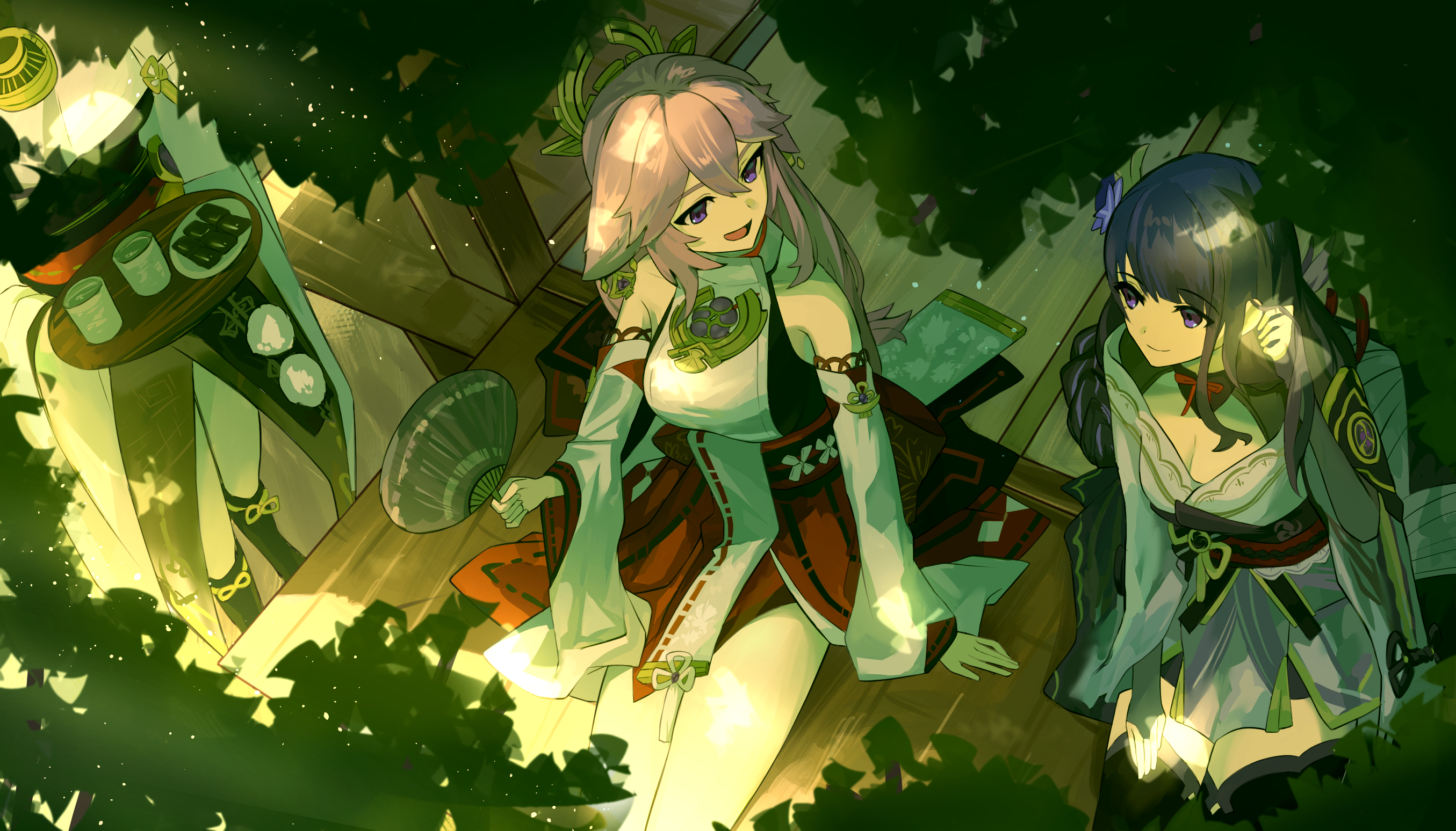 natupath summer, kujou sara, raiden shogun, yae miko, genshin impact, commentary request, highres, 3girls, animal ears, armor, bare shoulders, blunt bangs, braid, breasts, bridal gauntlets, cleavage, closed mouth, dappled sunlight, day, detached sleeves, faceless, faceless female, fox ears, fox girl, from above, from side, hair between eyes, hair ornament, hand fan, happy, headpiece, holding, holding tray, japanese clothes, jewelry, kimono, large breasts, light smile, long sleeves, lower body, multiple girls, neck ribbon, off shoulder, open mouth, outdoors, pendant, pink hair, purple eyes, purple hair, purple kimono, red ribbon, red sash, ribbon, sash, shade, shoulder armor, sitting, standing, sunlight, thighs, tray, tree, tree shade