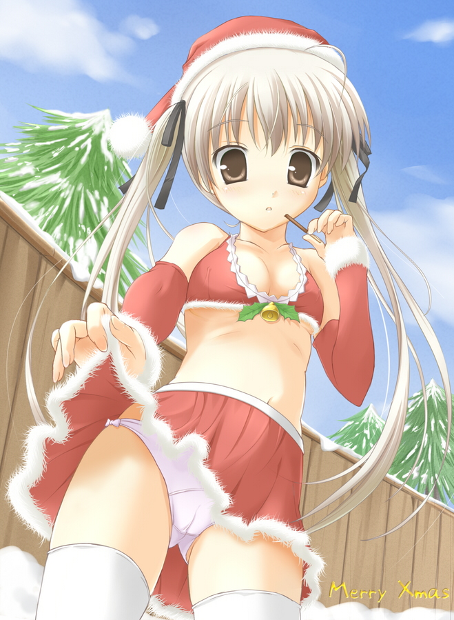 kasugano sora, yosuga no sora, 1girl, bell, bra, breasts, brown eyes, cameltoe, christmas, cleavage, clothes lift, day, detached sleeves, eating, female focus, fence, flat chest, food, hat, lingerie, long hair, medium breasts, merry christmas, midriff, outdoors, panties, pantyshot, pocky, purple panties, ribbon, santa costume, santa hat, skirt, skirt lift, snow, solo, thighhighs, twintails, underwear, upskirt, white hair, white thighhighs