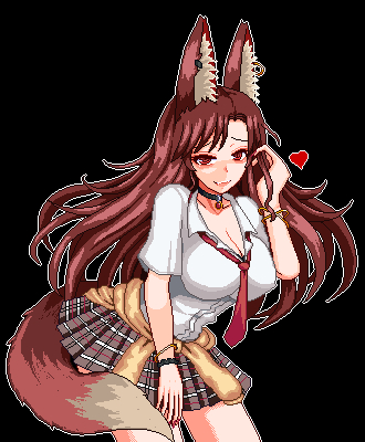 unk kyouso, imaizumi kagerou, touhou, commentary request, lowres, 1girl, alternate costume, animal collar, animal ear fluff, animal ears, asymmetrical bangs, black background, black collar, breasts, brown hair, brown jacket, cleavage, clothes around waist, collar, collarbone, cowboy shot, fang, floating hair, grey skirt, hand in own hair, heart, jacket, jacket around waist, large breasts, leaning forward, long hair, looking at viewer, multiple wristbands, necktie, open mouth, outline, pixel art, plaid clothes, plaid skirt, pleated skirt, raised inner eyebrows, red eyes, red necktie, shirt, short sleeves, simple background, skirt, smile, solo, white outline, white shirt, wolf ears, wolf girl