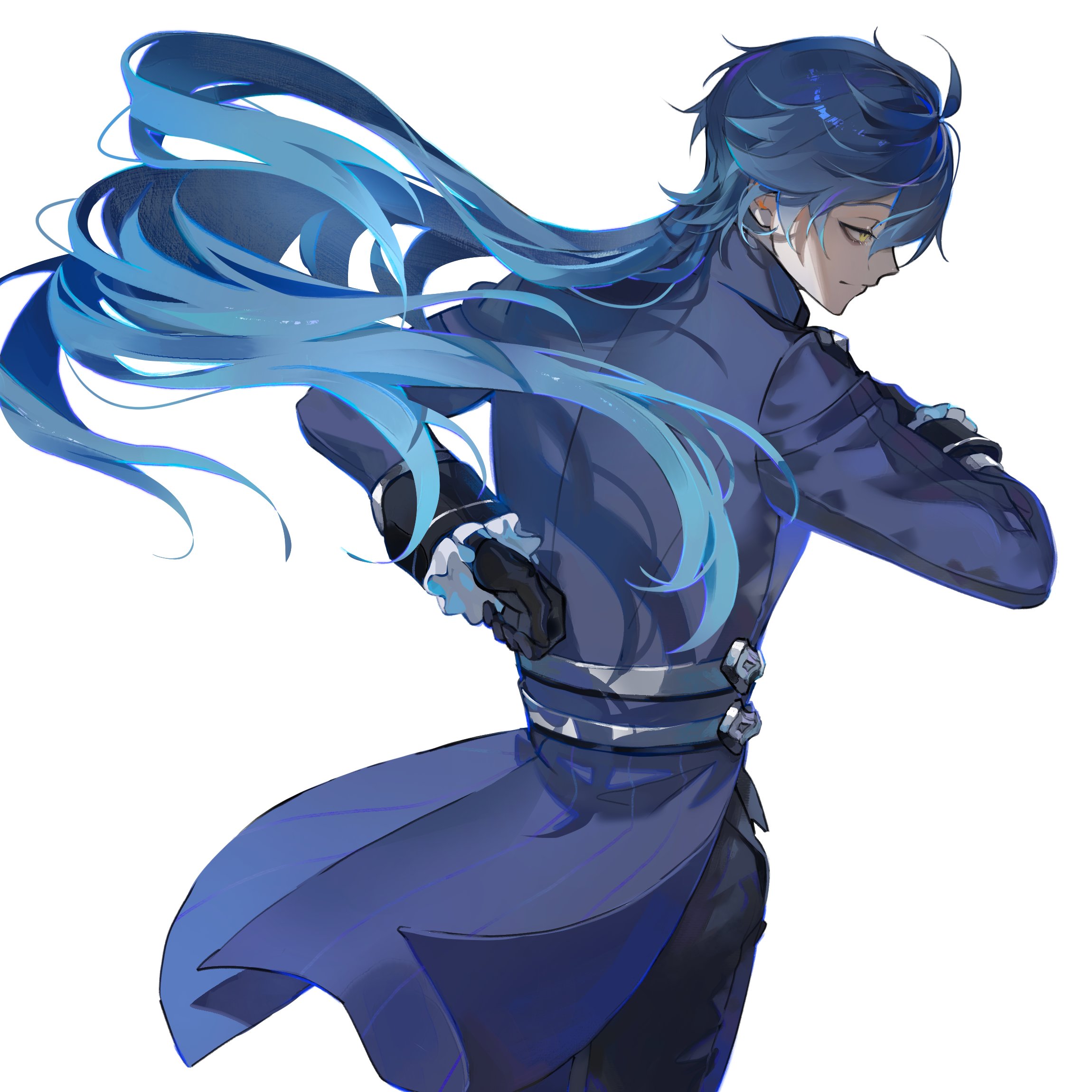 kamui (kurohshiro1), flins (genshin fes 2026) (genshin impact), flins (genshin impact), genshin impact, commentary, english commentary, highres, 1boy, arm behind back, arms up, black gloves, black pants, blue coat, blue hair, closed mouth, coat, cowboy shot, frilled sleeves, frills, gloves, gradient hair, long hair, male focus, multicolored hair, official alternate costume, pants, parted bangs, simple background, sleeve cuffs, solo, standing, very long hair, white background, yellow eyes