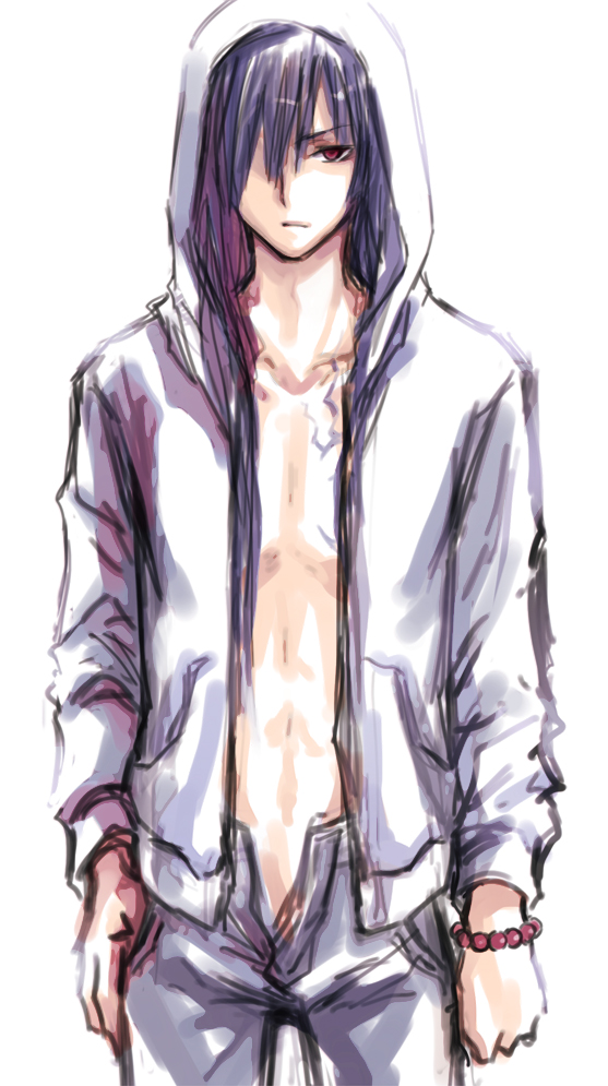 uonuma yuu, kanda yuu, d.gray-man, 00s, 1boy, black hair, blue hair, casual, denim, expressionless, hair over one eye, hood, jeans, long hair, male focus, pants, red eyes, sketch, solo