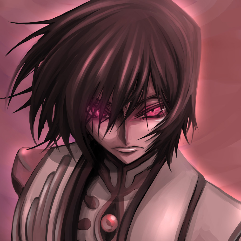 lelouch vi britannia, code geass, non-web source, 00s, 1boy, black hair, frown, geass, male focus, red eyes, solo