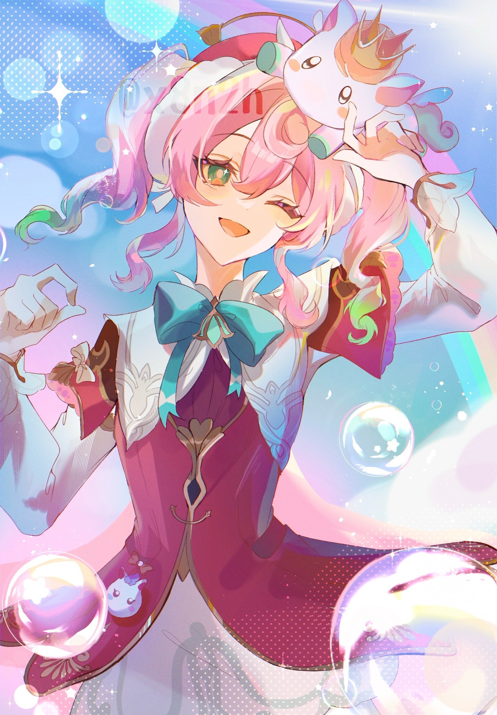 hyacine (honkai: star rail), honkai: star rail, honkai (series), highres, 1girl, ;d, aqua eyes, aqua hair, beret, bubble, dress, drill hair, hair between eyes, hat, long hair, long sleeves, looking at viewer, multicolored hair, one eye closed, open mouth, pantyhose, pink hair, puffy long sleeves, puffy sleeves, rainbow, red dress, red hat, smile, solo, twin drills, twitter username, two-tone hair, white pantyhose, white sleeves, x8n2h, yellow pupils