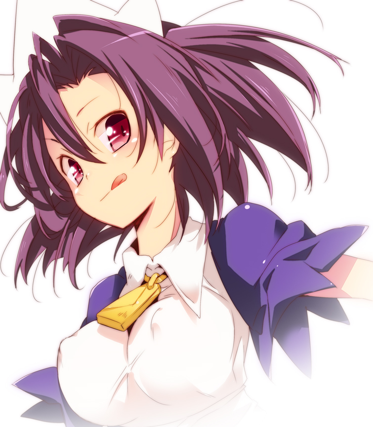 nakamura sandayo, banette, nintendo, pokemon, 1girl, :q, breasts, collared dress, covered erect nipples, dress, female focus, gen 3 pokemon, hair between eyes, maid, maid headdress, medium breasts, personification, purple hair, red eyes, simple background, solo, tongue, tongue out, white background
