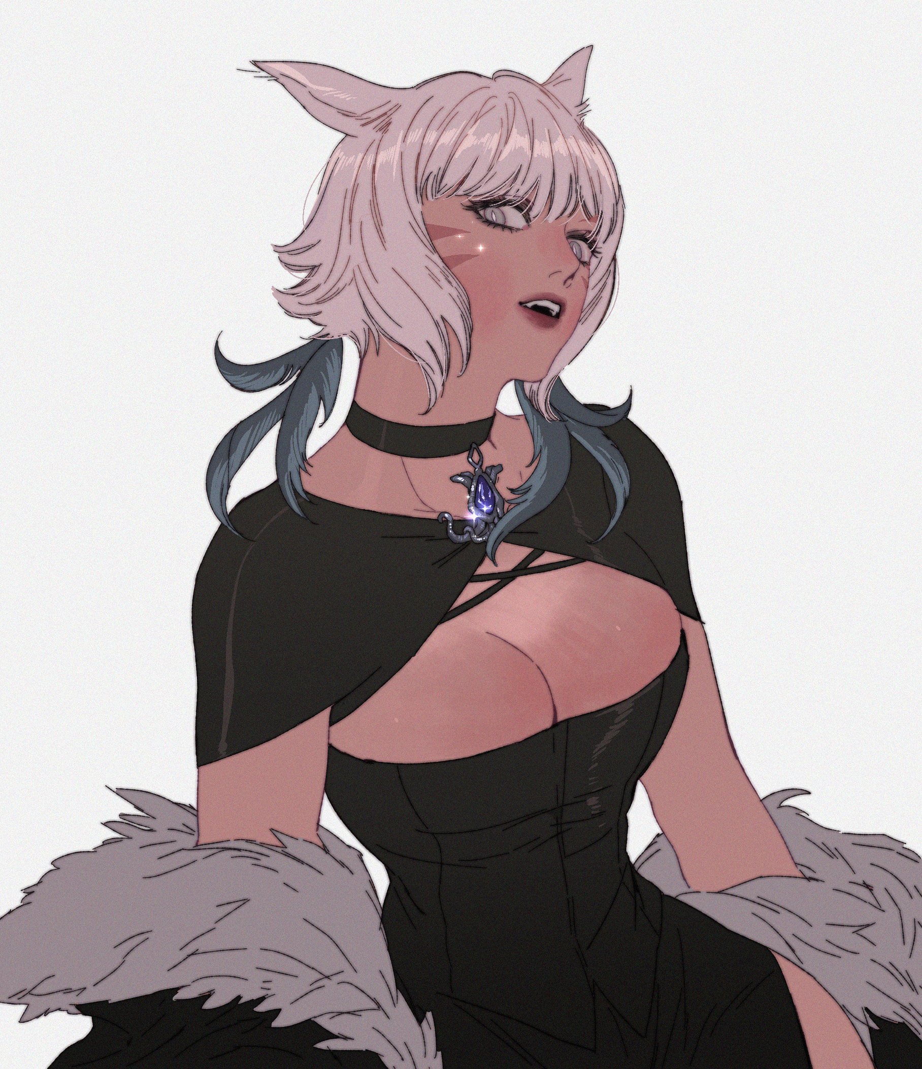 pinkteest, y'shtola rhul, final fantasy, final fantasy xiv, highres, 1girl, animal ears, black choker, black dress, black jacket, black shrug, breasts, cat ears, choker, cleavage, cleavage cutout, clothing cutout, dress, facial hair, feather hair ornament, feathers, fur-trimmed jacket, fur trim, grey eyes, grey hair, hair between eyes, hair ornament, jacket, large breasts, looking at viewer, miqo'te, open mouth, short hair, shrug (clothing), side slit, simple background, solo, upper body, white background