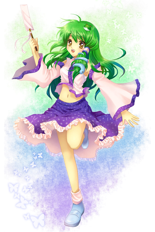 mauve, kochiya sanae, touhou, 1girl, blue shoes, detached sleeves, female focus, frog, full body, green hair, hair ornament, japanese clothes, long hair, navel, shoes, snake, solo, standing, yellow eyes
