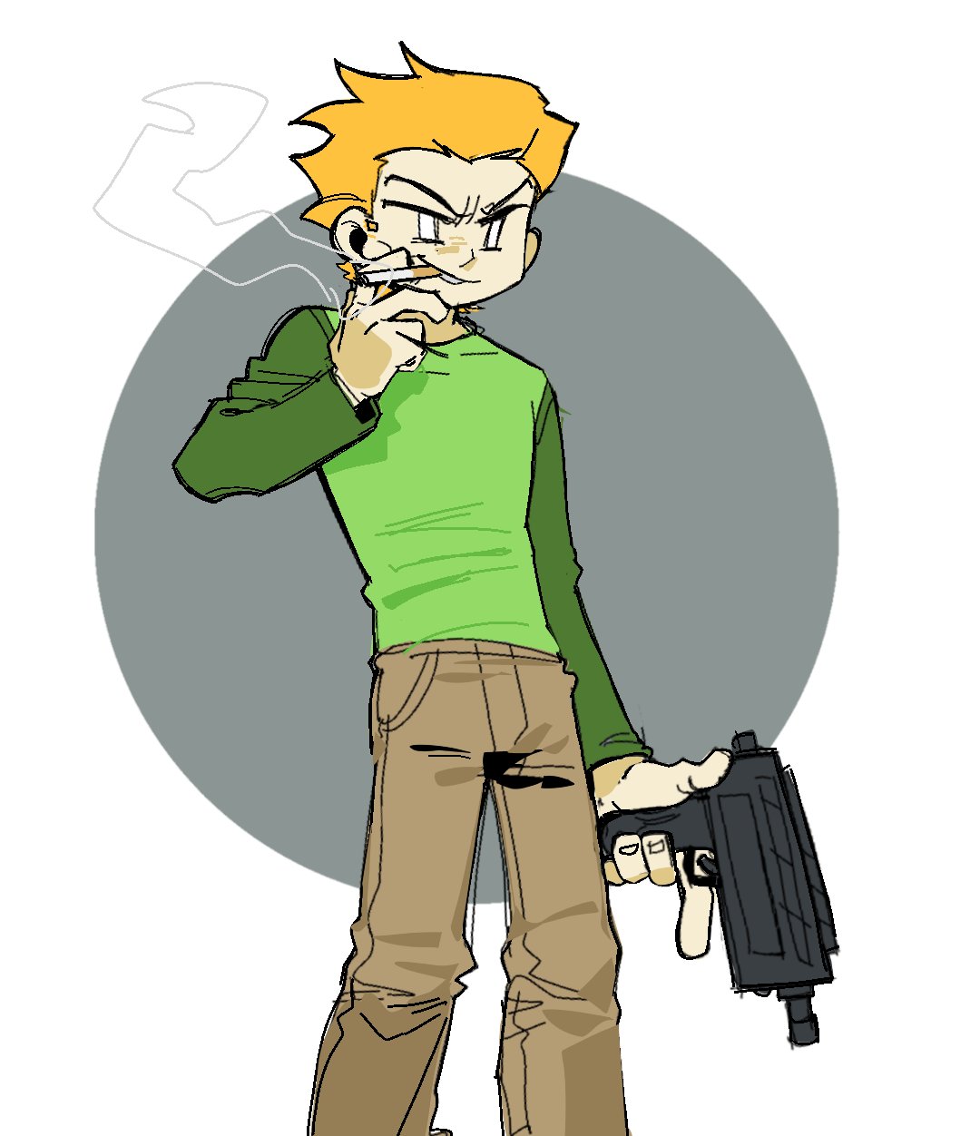 pico (newgrounds), pico (newgrounds series), highres, 1boy, brown pants, enopth1102, green shirt, grin, gun, holding, holding gun, holding weapon, long sleeves, male focus, orange hair, pants, raglan sleeves, shirt, short hair, simple background, smile, smoking, smug, solo, v-shaped eyebrows, weapon, white eyes