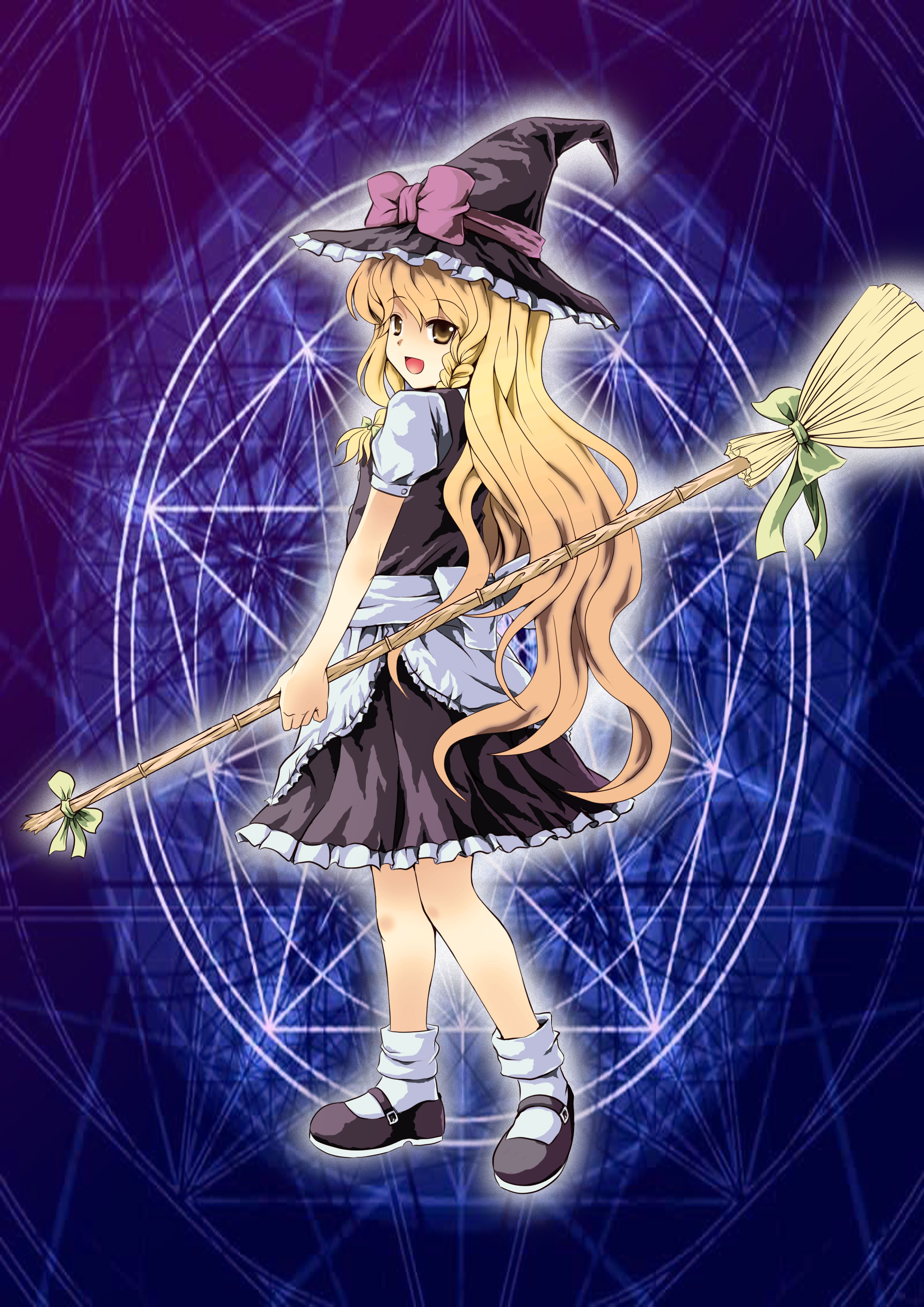 oto taku, yinzhai, kirisame marisa, touhou, absurdres, bad id, bad pixiv id, highres, 1girl, blonde hair, braid, broom, female focus, hat, long hair, solo, witch, witch hat, yellow eyes
