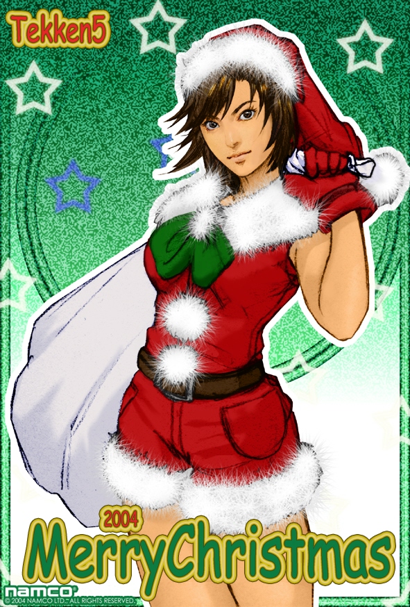 kazama asuka, namco, tekken, tekken 5, 00s, 1girl, 2004, belt, brown eyes, brown hair, christmas, female focus, hat, sack, santa costume, santa hat, short hair, shorts, solo, star (symbol)