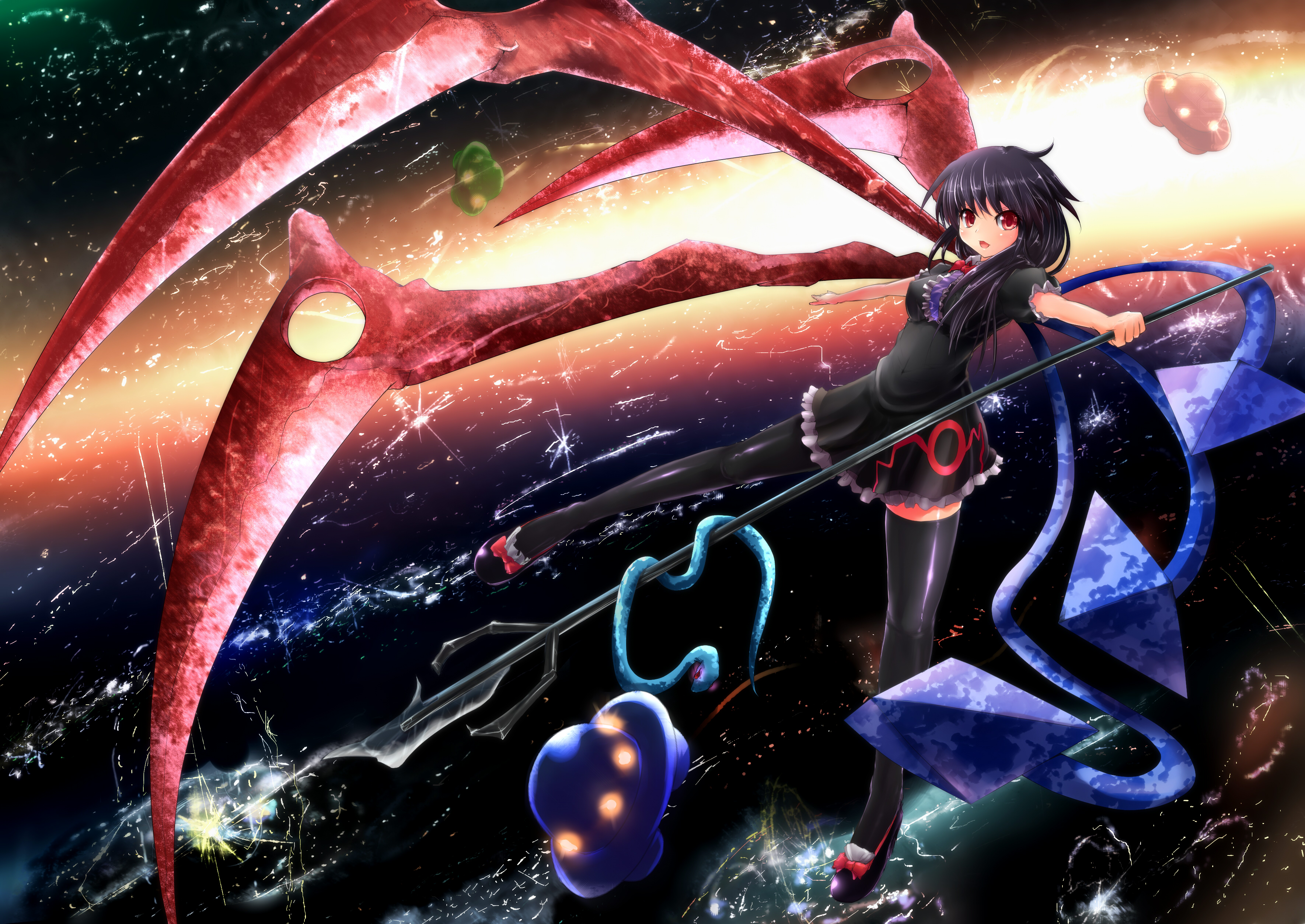 kantarou (nurumayutei), houjuu nue, touhou, absurdres, highres, 1girl, black hair, black thighhighs, breasts, covered erect nipples, female focus, flying, impossible clothes, impossible shirt, light smile, looking at viewer, outstretched arms, polearm, red eyes, shirt, short hair, snake, solo, spear, spread arms, thighhighs, trident, ufo, weapon, wings, zettai ryouiki