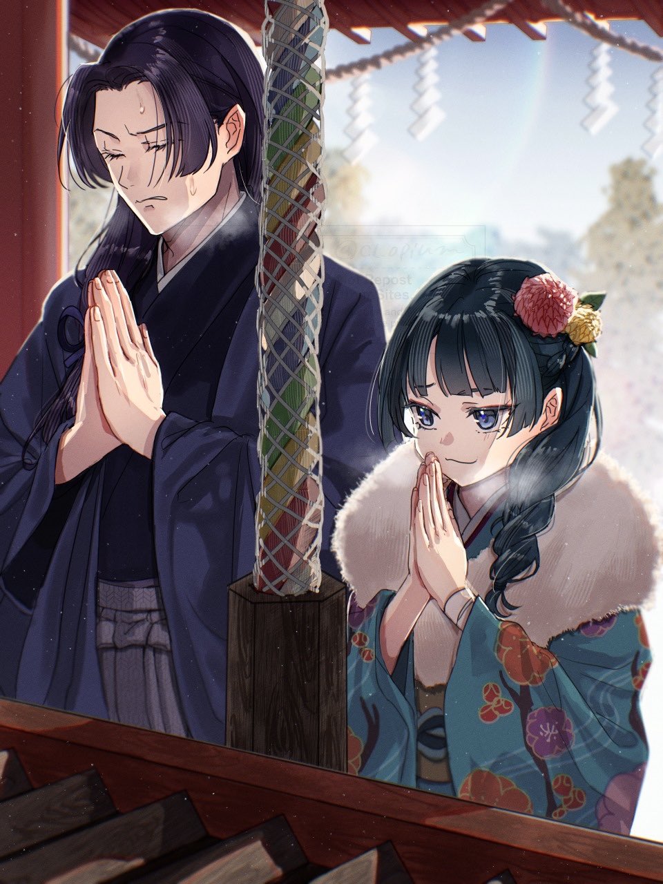 cl opium, jinshi (kusuriya no hitorigoto), maomao (kusuriya no hitorigoto), kusuriya no hitorigoto, highres, 1boy, 1girl, aqua kimono, blue eyes, blunt bangs, closed mouth, floral print, floral print kimono, flower, fur-trimmed kimono, fur trim, furrowed brow, green eyes, hair flower, hair ornament, hair over shoulder, hair ribbon, japanese clothes, kimono, long hair, own hands together, parted lips, praying, print kimono, purple hair, ribbon, shrine, smirk, sweatdrop, upper body