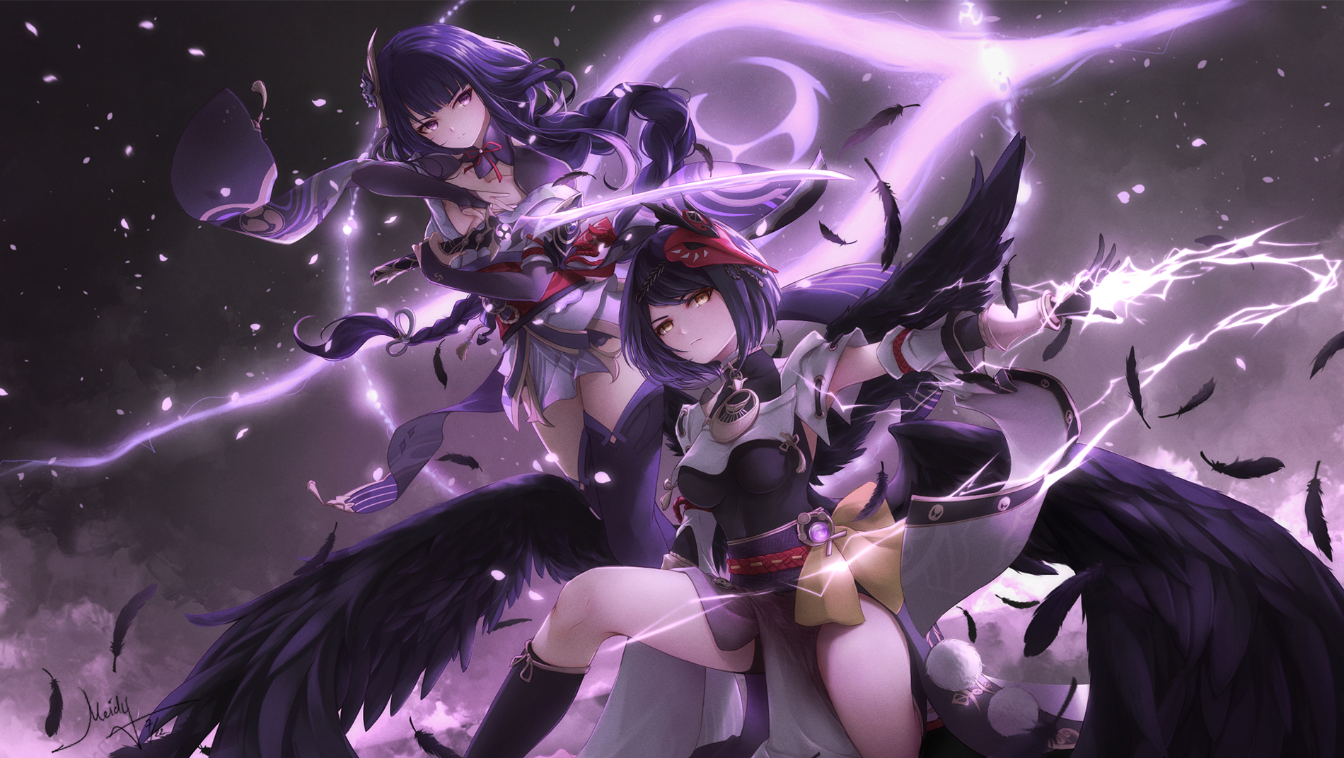 andreas meidy, kujou sara, raiden shogun, genshin impact, commentary, english commentary, highres, 2girls, arm up, bird girl, bird wings, black hair, black wings, blunt bangs, braid, breasts, bridal gauntlets, cleavage, closed mouth, electricity, electro symbol (genshin impact), eye symbol, feathered wings, feathers, floating, glowing, hair ornament, holding, holding sword, holding weapon, japanese clothes, jewelry, katana, kimono, light particles, lingerie, long braid, long hair, looking at viewer, looking to the side, mask, mask on head, mitsudomoe (shape), multiple girls, musou isshin (genshin impact), on one knee, outdoors, pendant, powering up, purple background, purple eyes, purple hair, purple kimono, purple sky, purple thighhighs, red mask, red sash, sash, shade, short hair, single braid, sky, swept bangs, sword, thighhighs, thighs, tomoe (symbol), underwear, upper body, weapon, wings, yellow eyes