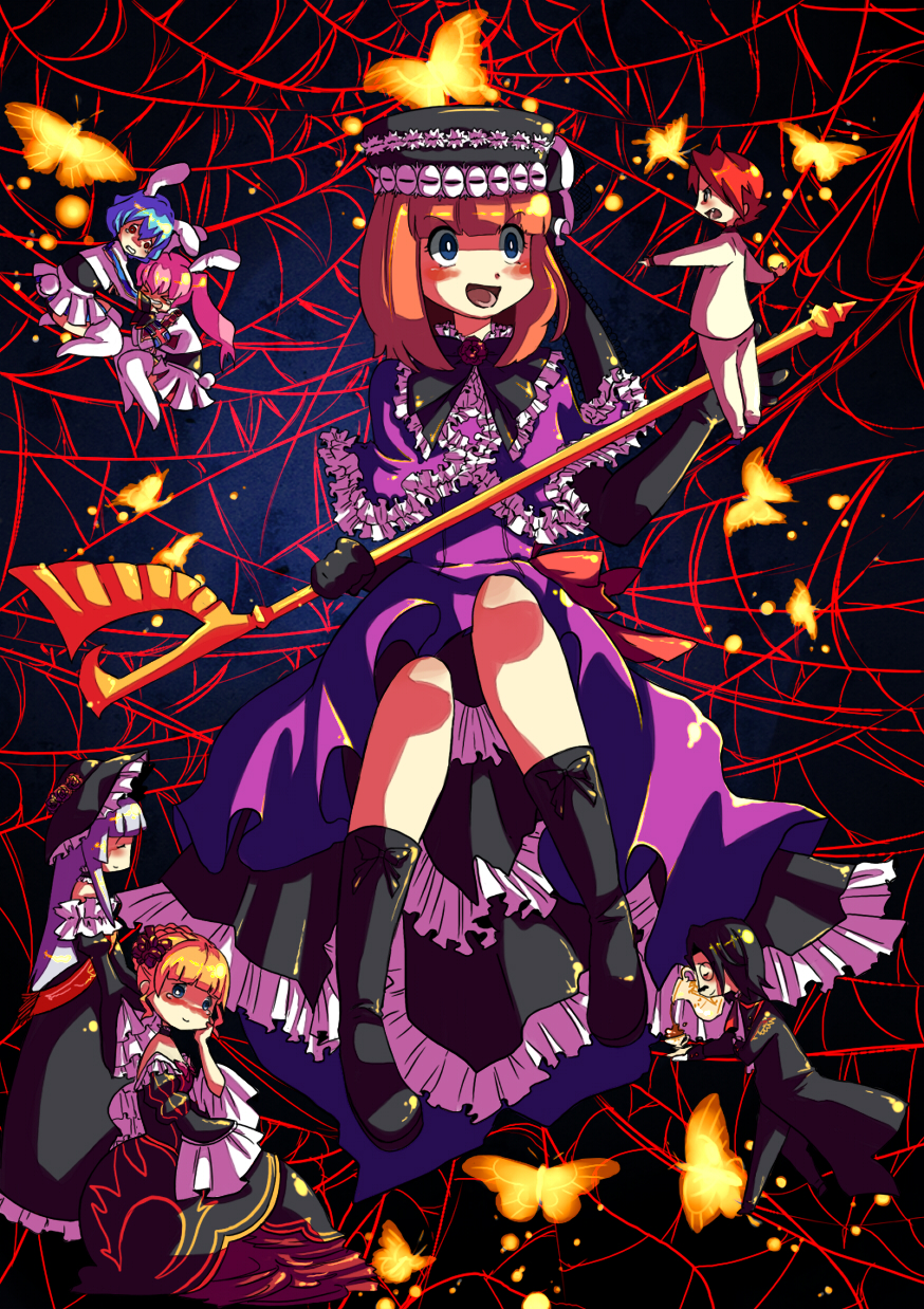 ai-wa, beatrice (umineko), chiester410, chiester45, chiester sisters, eva beatrice, ronove (umineko), ushiromiya battler, virgilia (umineko), 07th expansion, no naku koro ni (series), umineko no naku koro ni, silver hair, highres, 00s, 2boys, 5girls, animal ears, armband, black hair, blonde hair, blue eyes, blue hair, bug, butterfly, dress, elbow gloves, facial hair, flower, frills, gloves, hat, jacket, long hair, monocle, multiple boys, multiple girls, mustache, necktie, orange hair, pink hair, rabbit ears, red eyes, red hair, ribbon, rose, short hair, smile, thighhighs, twintails