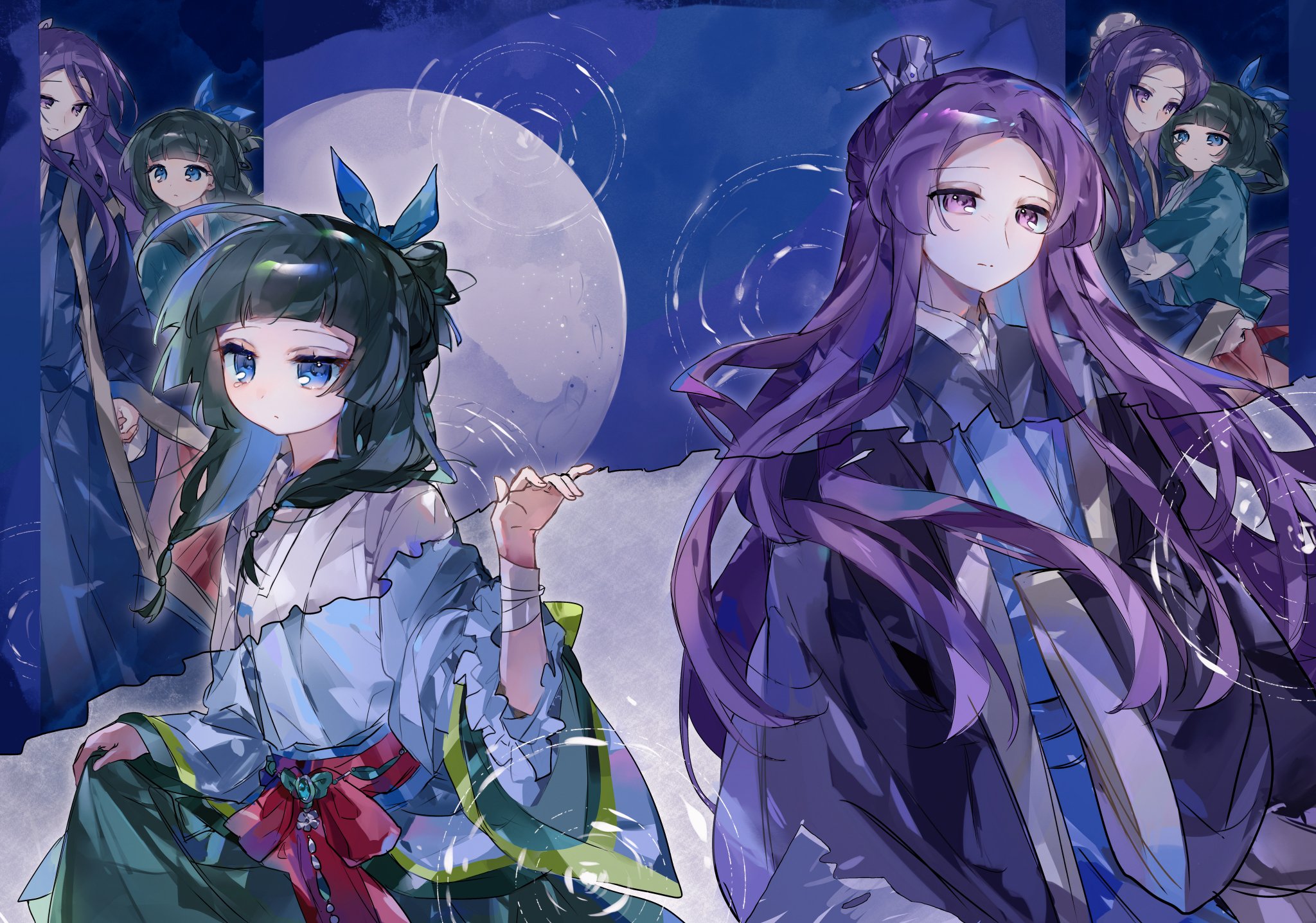 jinshi (kusuriya no hitorigoto), maomao (kusuriya no hitorigoto), kusuriya no hitorigoto, highres, 1boy, 1girl, bandaged wrist, bandages, beads, blue eyes, blue ribbon, blunt ends, chinese clothes, chinese hairpin, closed mouth, green hair, hair beads, hair ornament, hair ribbon, half updo, kamikiasu, parted bangs, pink eyes, purple hair, ribbon, ripples