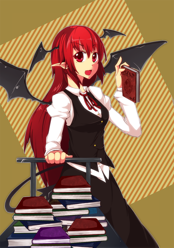 katakura nayuuki, koakuma, embodiment of scarlet devil, touhou, bad id, bad pixiv id, 1girl, bat wings, book, female focus, head wings, long hair, red eyes, red hair, solo, wings