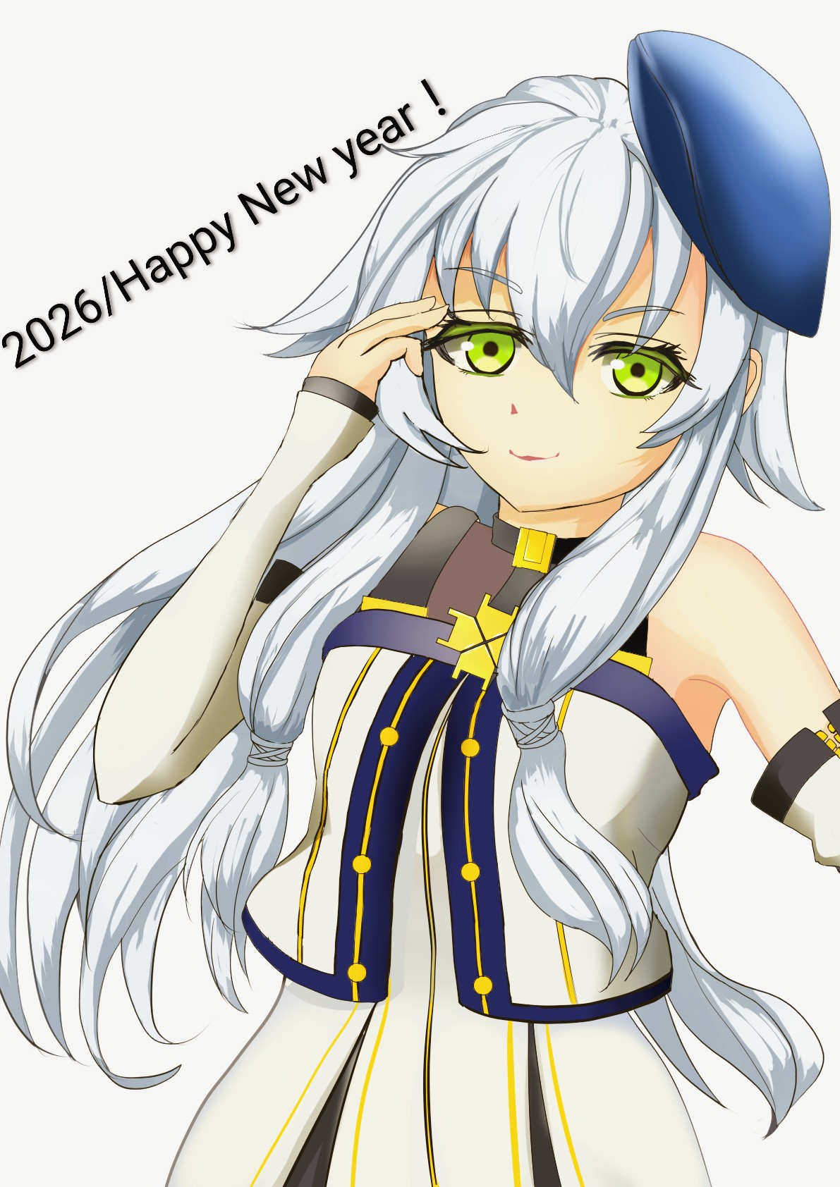 sirakaba324, altina orion, eiyuu densetsu, kai no kiseki, kuro no kiseki (series), sen no kiseki, sen no kiseki (series), sen no kiseki ii, sen no kiseki iii, highres, 1girl, bare shoulders, beret, green eyes, hair between eyes, happy new year, hat, light smile, long hair, looking at viewer, new year, shirt, simple background, white hair, white shirt