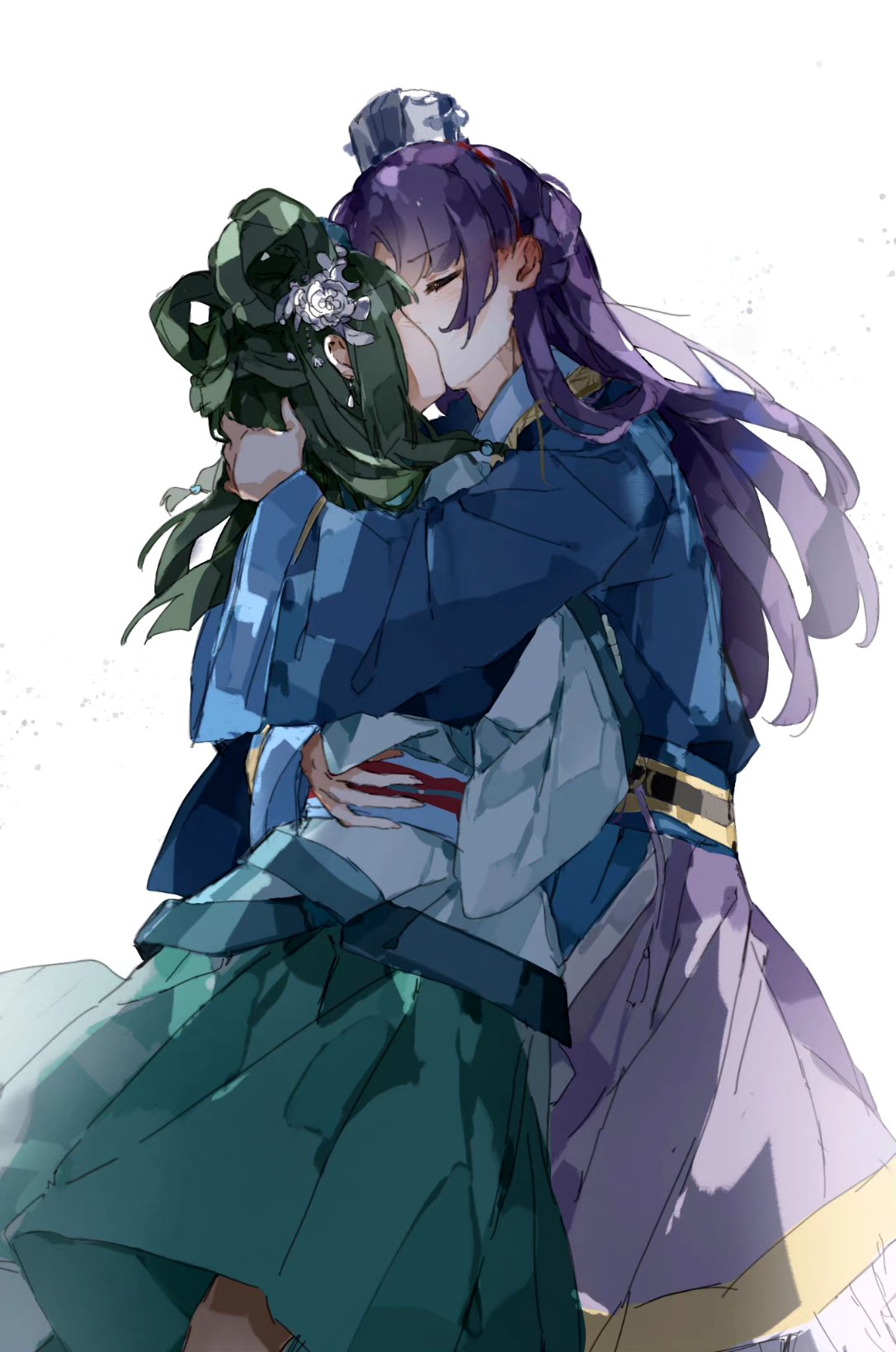 jinshi (kusuriya no hitorigoto), maomao (kusuriya no hitorigoto), kusuriya no hitorigoto, highres, 1boy, 1girl, arm around waist, blue robe, chinese clothes, closed eyes, couple, cowboy shot, double bun, flower, green skirt, hair bun, hair flower, hair ornament, hand in another's hair, hetero, kamikiasu, kiss, long hair, parted lips, robe, skirt, white background