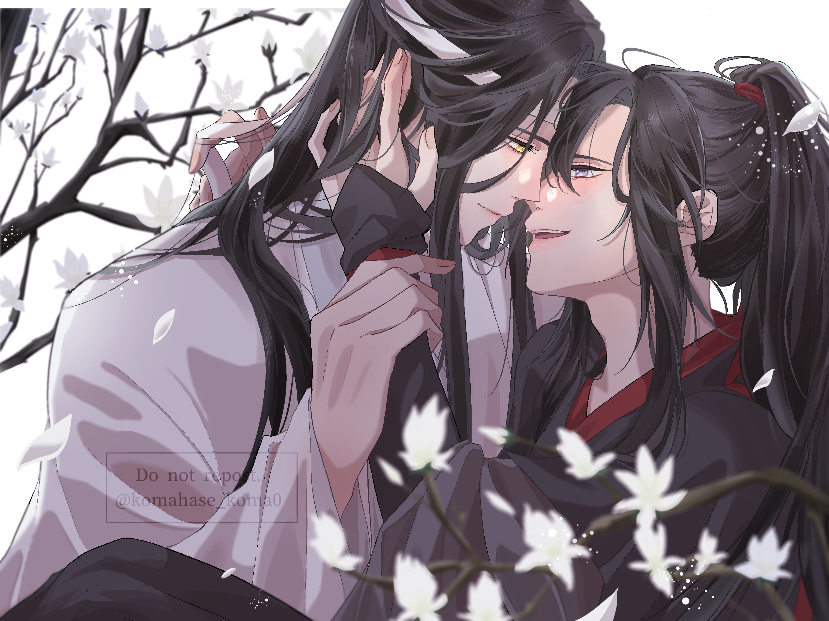 lan wangji, wei wuxian, modao zushi, highres, 2boys, bishounen, black hair, black hanfu, blush, branch, chinese clothes, closed mouth, couple, eye contact, face-to-face, flower, hand in another's hair, hand on another's cheek, hand on another's face, hanfu, headband, high ponytail, holding another's wrist, imminent kiss, koma hase, light particles, long hair, long sleeves, looking at another, male focus, multiple boys, open mouth, petals, ponytail, profile, purple eyes, robe, sidelocks, sitting, sitting on lap, sitting on person, sleeves past wrists, smile, tree, upper body, watermark, white flower, white hanfu, white headband, wide sleeves, yaoi, yellow eyes