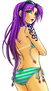 atago, faris scherwiz, final fantasy, final fantasy v, lowres, 1990s (style), 1girl, bare back, bikini, bikini bottom only, female focus, green eyes, long hair, looking back, purple hair, retro artstyle, simple background, solo, sunglasses, swimsuit, tattoo, white background