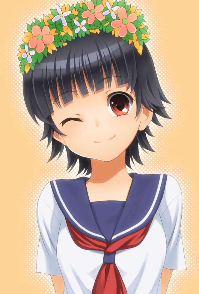 laco soregashi, uiharu kazari, toaru kagaku no railgun, toaru majutsu no index, bad id, bad pixiv id, 00s, 1girl, black hair, brown eyes, female focus, flower, hair ornament, head wreath, one eye closed, school uniform, serafuku, smile, solo, wink