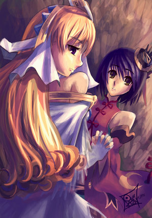 chroche latel pastalie, luca truelywaath, ar tonelico, ar tonelico ii, gust, lowres, non-web source, 00s, 2girls, blonde hair, blue hair, holding hands, multiple girls, purple eyes, yellow eyes