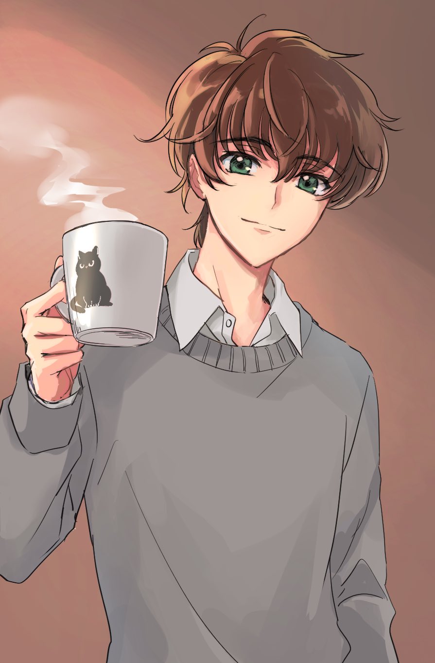 kururugi suzaku, code geass, highres, 1boy, animal print, brown background, brown hair, cat, cat print, closed mouth, coffee mug, collared shirt, cup, green eyes, grey sweater, hair between eyes, holding, holding cup, light smile, looking at viewer, male focus, mug, print cup, setocg12, shirt, shirt under sweater, short hair, solo, steaming cup, sweater, upper body, white shirt