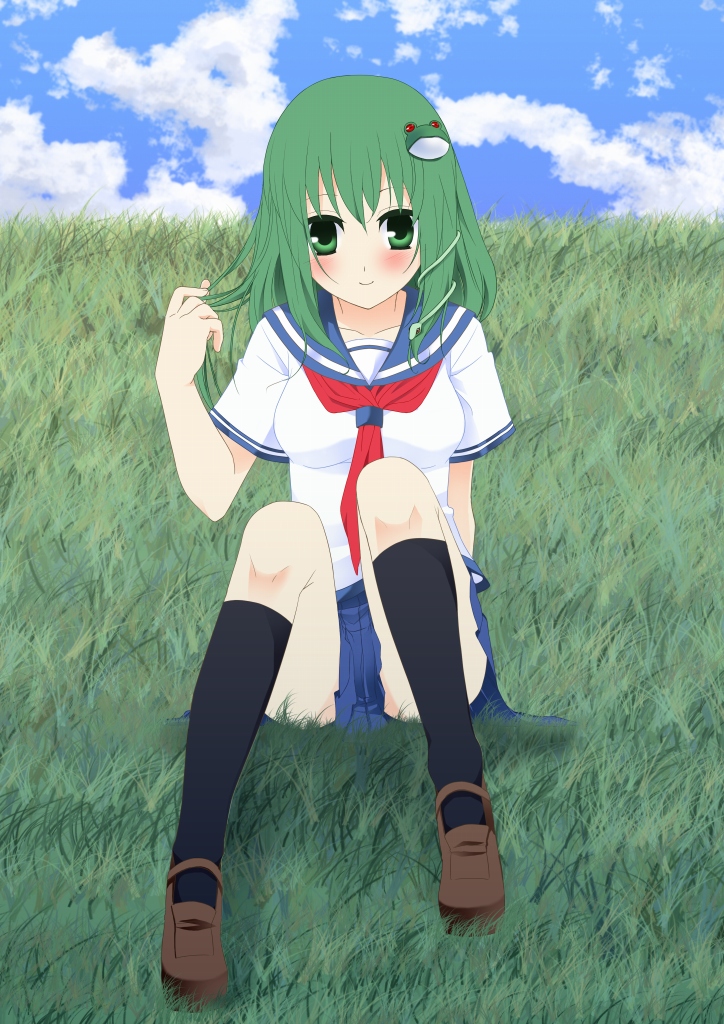 nigo (aozoragarou), kochiya sanae, touhou, 1girl, alternate costume, blush, cloud, day, female focus, frog, full body, grass, green eyes, green hair, hair ornament, matching hair/eyes, nature, outdoors, plant, school uniform, serafuku, sitting, skirt, sky, smile, snake, socks, solo