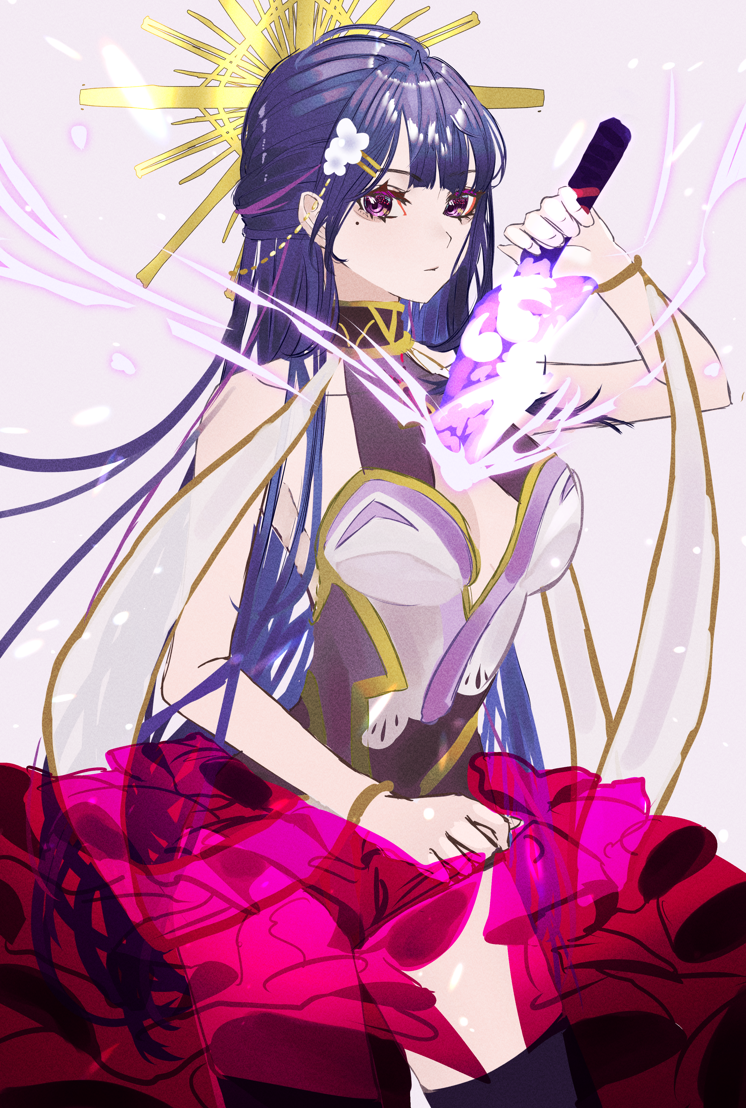 rayla (rayla illust), raiden shogun, genshin impact, absurdres, commentary request, highres, 1girl, alternate costume, alternate hairstyle, arm up, bare shoulders, blunt bangs, breasts, center opening, cleavage, closed mouth, collarbone, drawing sword, dress, electricity, frilled dress, frills, glowing, glowing sword, glowing weapon, hair ornament, hairclip, halo, headpiece, holding, holding sword, holding weapon, human scabbard, katana, long hair, looking at viewer, looking to the side, mitsudomoe (shape), mole, mole under eye, multicolored hair, multiple girls, musou isshin (genshin impact), powering up, purple background, purple eyes, purple hair, simple background, sleeveless, sleeveless dress, solo, standing, streaked hair, sword, sword between breasts, thighhighs, thighs, tomoe (symbol), upper body, weapon