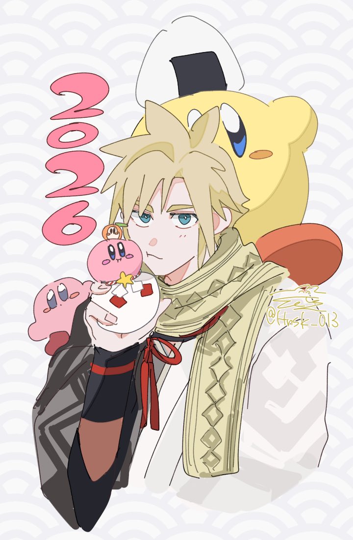 hnsk 013, cloud strife, cloud strife (official festive garb), kirby, final fantasy, final fantasy vii, final fantasy vii: ever crisis, kirby (series), nintendo, 1boy, 2026, blonde hair, blue eyes, food, happy new year, japanese clothes, light blush, male focus, new year, official alternate costume, onigiri, print scarf, scarf, short hair, signature, sketch, spiked hair, twitter username, upper body