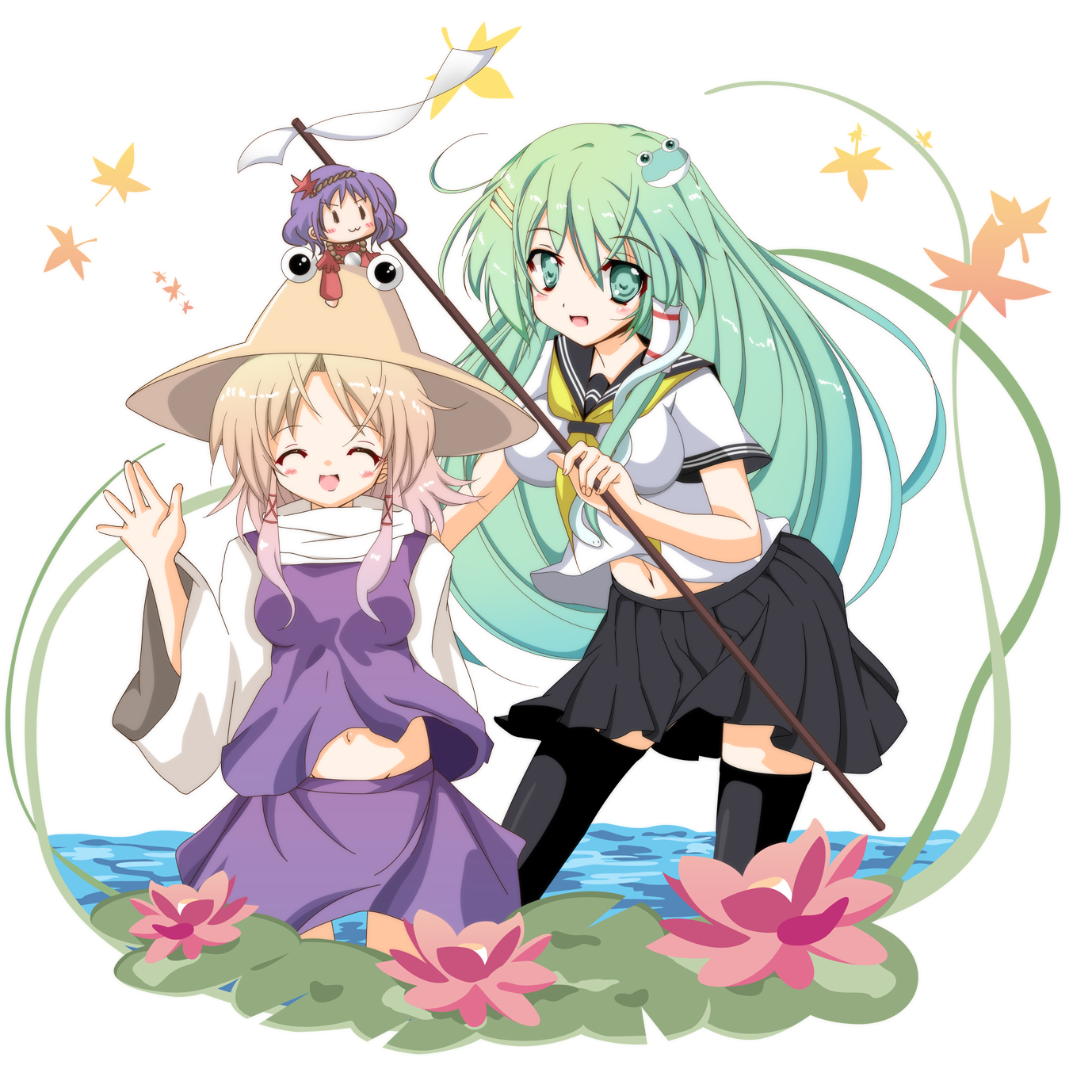 shinya (silent), kochiya sanae, moriya suwako, yasaka kanako, touhou, highres, 2girls, breasts, chibi, female focus, flower, hat, multiple girls, nature, navel, plant, school uniform, skirt, thighhighs, white background