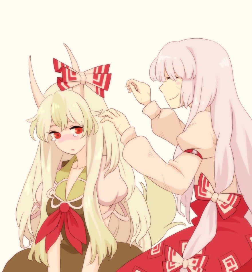 jean (jean sp), ex-keine, fujiwara no mokou, kamishirasawa keine, touhou, silver hair, 2girls, blush, female focus, green hair, hair ribbon, long hair, multiple girls, red eyes, ribbon, very long hair