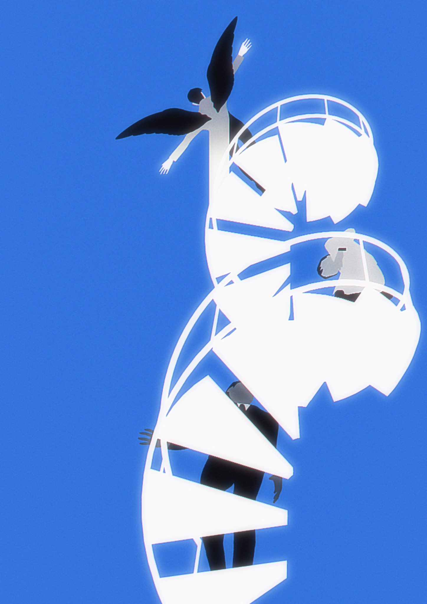 kim dokja, omniscient reader's viewpoint, highres, 1boy, black hair, black necktie, black vest, black wings, blue sky, clear sky, coat, collared shirt, day, feathered wings, multiple views, necktie, open clothes, open coat, outdoors, outstretched arm, progression, shirt, short hair, sky, spiral staircase, stairs, symbolism, tix 0314, vest, white coat, white shirt, wings