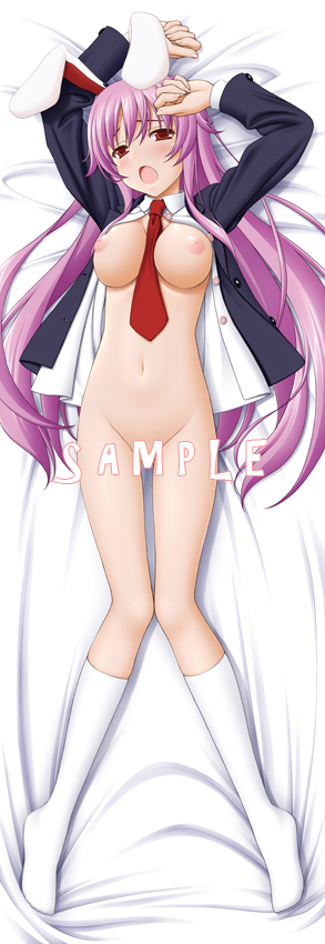 sin-go, reisen udongein inaba, touhou, 1girl, animal ears, blazer, breasts, dakimakura (medium), female focus, full body, jacket, large breasts, long hair, lying, necktie, nipples, no panties, puffy nipples, purple hair, rabbit ears, red eyes, red necktie, sample watermark, skirt, socks, solo, watermark
