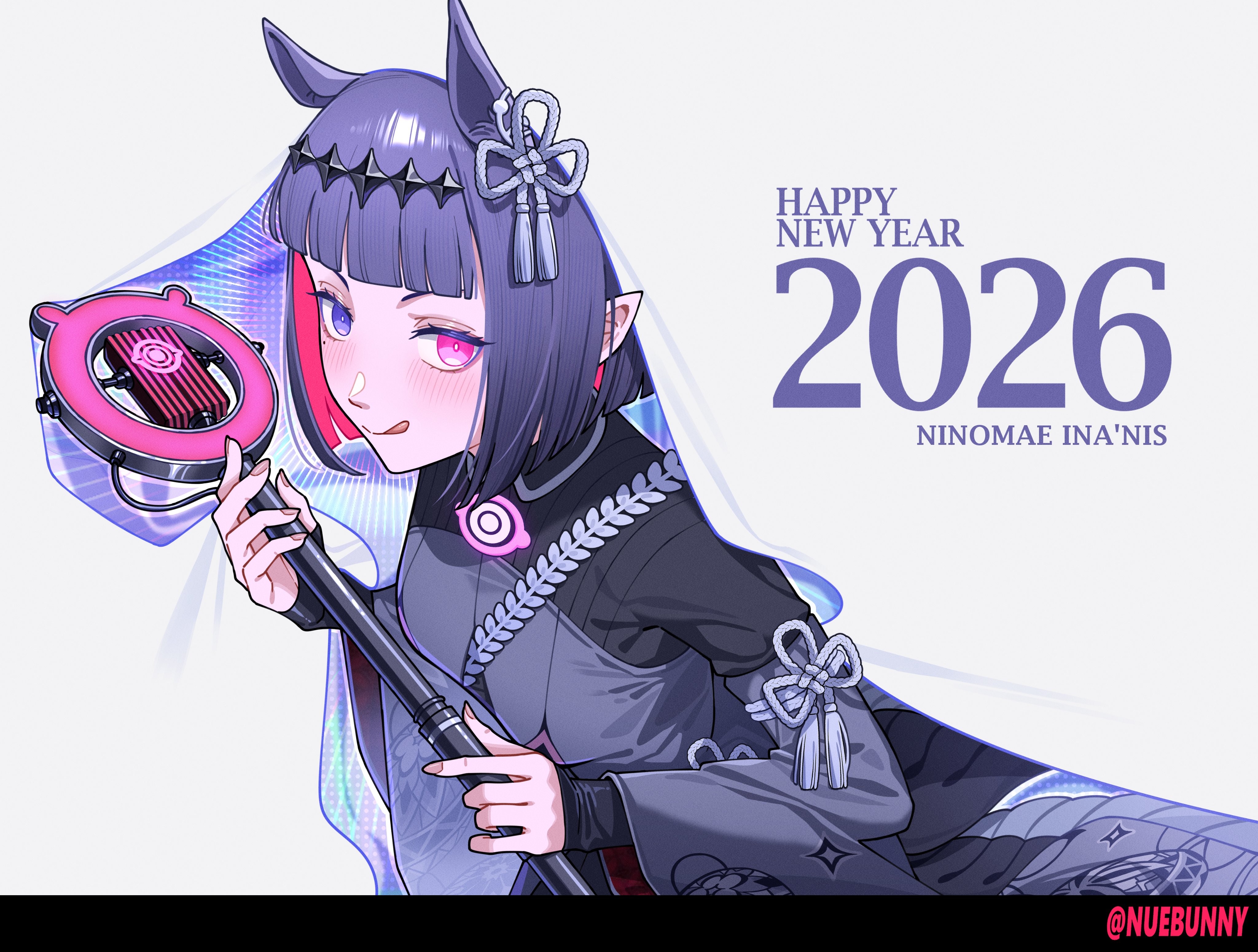 nuebunny, ninomae ina'nis, hololive, hololive english, absurdres, commentary, english commentary, highres, 1girl, :p, animal ears, artist name, blunt bangs, blunt ends, blush, bob cut, diamond hairband, english text, hair ornament, happy new year, heterochromia, holding, holding microphone stand, horse ears, horse girl, inverted bob, microphone, microphone stand, mole, mole under eye, multicolored hair, new year, official alternate costume, pink eyes, pink hair, pointy ears, purple eyes, purple hair, short hair, solo, tongue, tongue out, twitter username, virtual youtuber