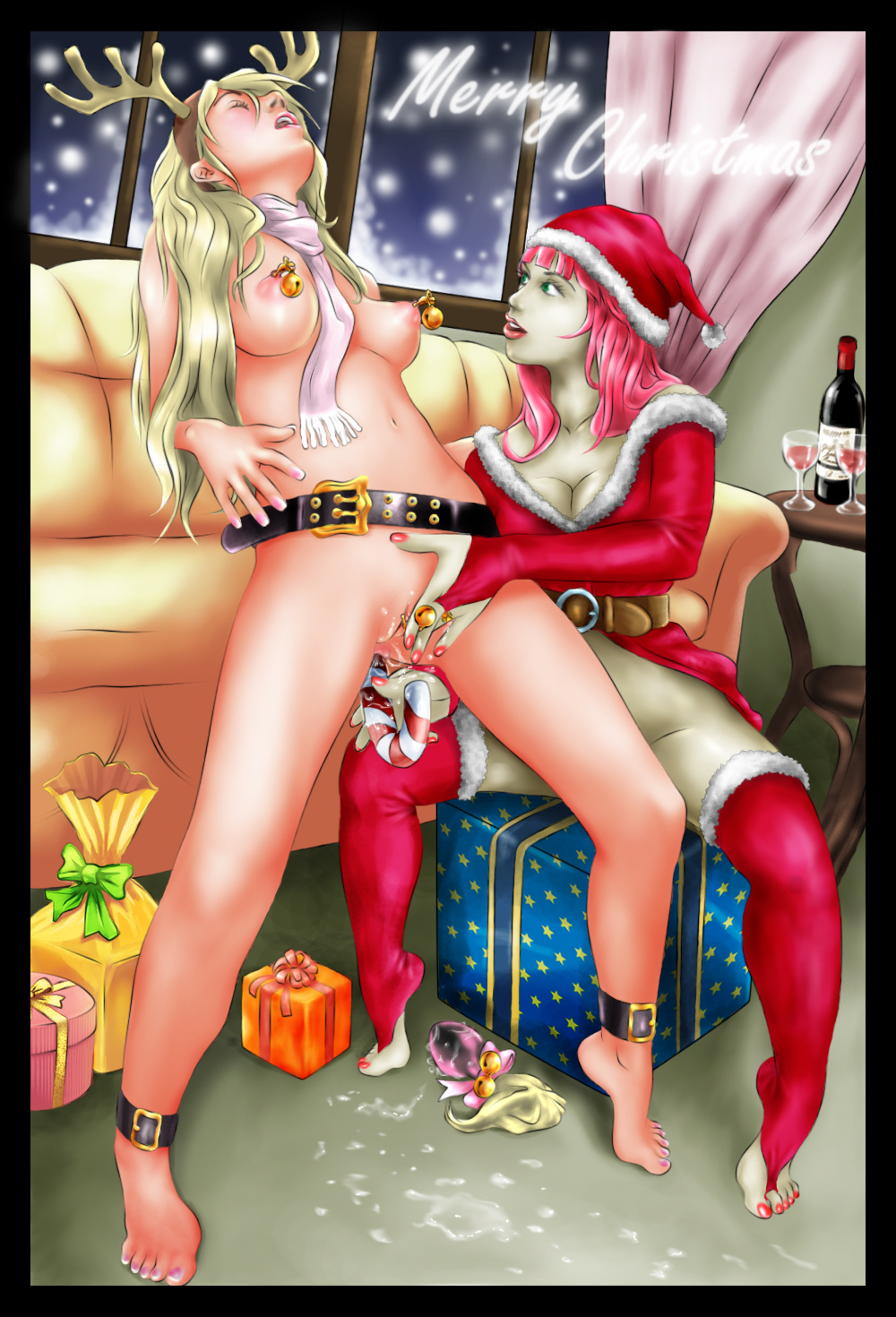 dc0st, clip, squirt, toeless socks, wet anus, highres, 2girls, anal, antlers, barefoot, bell, blonde hair, blush, breasts, candy, christmas, closed eyes, cum, ejaculation, feet, female ejaculation, female orgasm, gloves, hat, long hair, multiple girls, nail polish, nipple piercing, nipple rings, nipples, nude, open mouth, orgasm, piercing, pussy, pussy juice, red hair, reindeer, santa costume, santa hat, scarf, sex, snow, spread legs, thighhighs, toes, uncensored, yuri