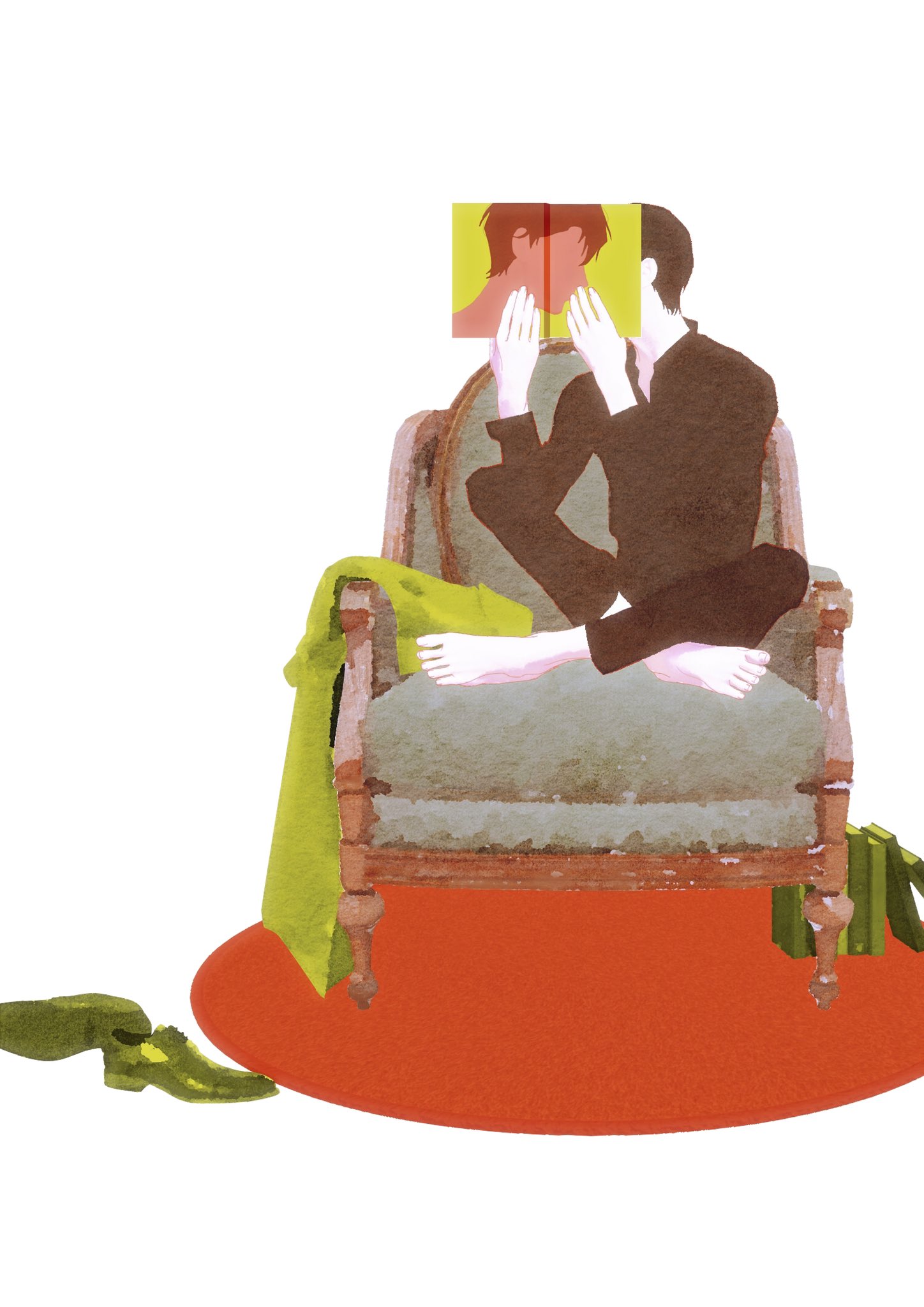 kim dokja, yoo joonghyuk, omniscient reader's viewpoint, highres, 1boy, barefoot, black shirt, book, book stack, censored, censored identity, chair, coat, collared shirt, covering own face, crossed ankles, faceless, full body, green coat, holding, holding book, male focus, shirt, shoes, sitting, throne, tix 0314, unworn shoes