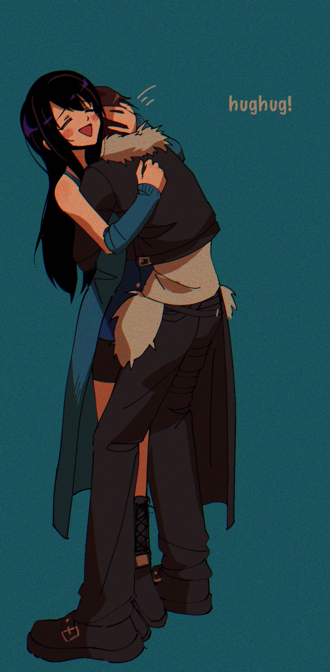 nzeneee, rinoa heartilly, squall leonhart, final fantasy, final fantasy viii, highres, 1boy, 1girl, arm around back, bare shoulders, black boots, black hair, black jacket, black pants, black shorts, blue background, blue cardigan, blue skirt, blue sleeves, blush, boots, brown hair, cardigan, closed eyes, couple, cropped jacket, detached sleeves, full body, fur-trimmed jacket, fur trim, hand in another's hair, hetero, hug, jacket, long hair, open mouth, pants, shirt, short hair, shorts, shorts under skirt, skirt, smile, white shirt