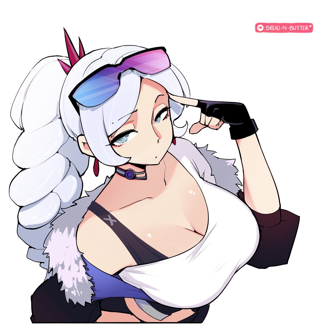 bread-n-butter, silver wolf (honkai: star rail), weiss schnee, honkai: star rail, honkai (series), rwby, commentary, english commentary, 1girl, black gloves, braid, braided ponytail, breasts, choker, cleavage, cosplay, earrings, eyewear on head, fingerless gloves, gloves, jewelry, large breasts, looking at viewer, shirt, silver wolf (honkai: star rail) (cosplay), simple background, single-shoulder shirt, single bare shoulder, solo, sunglasses, upper body, white background, white hair, white shirt