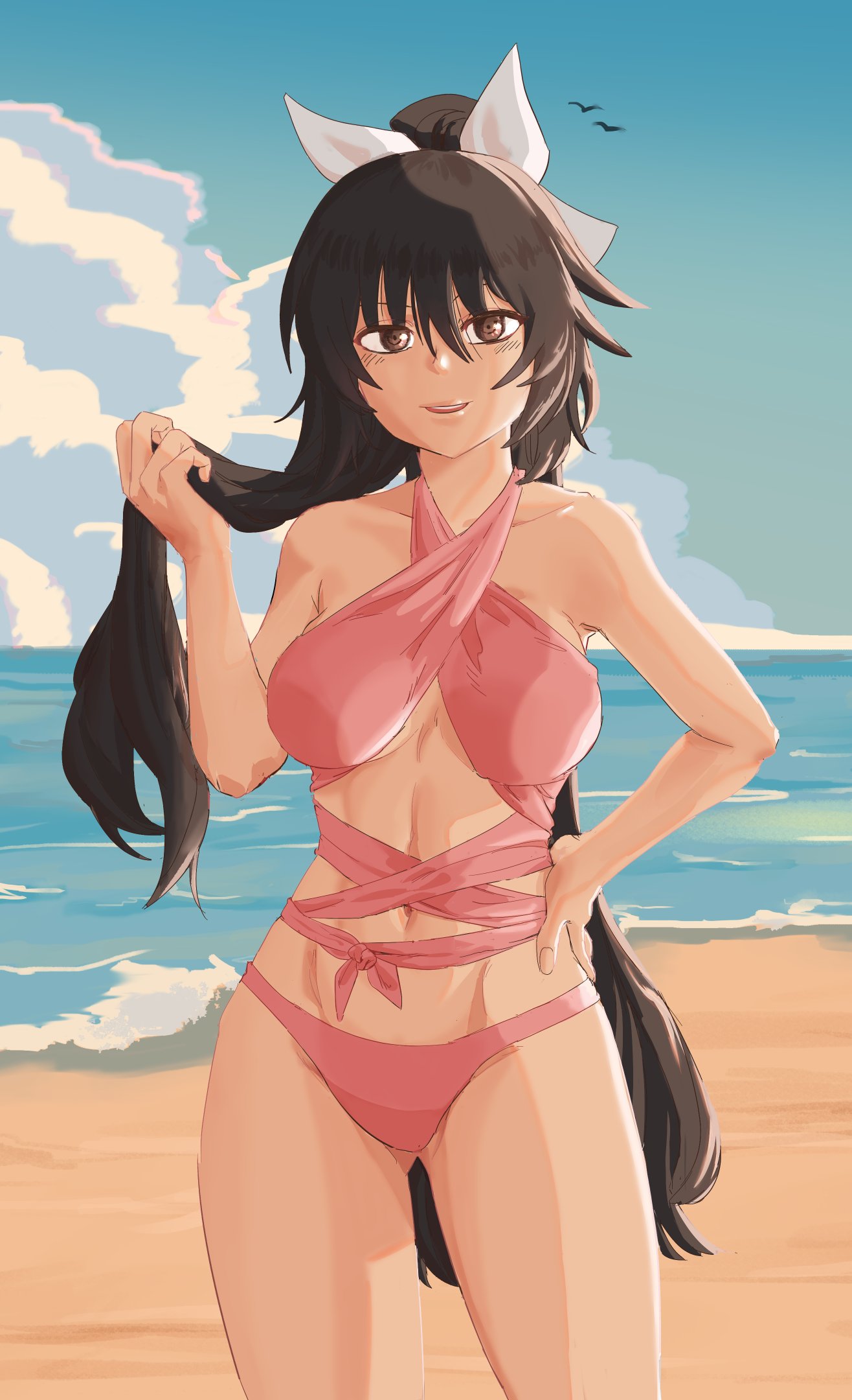 purplishmarble, noihara himari, omamori himari, commentary, commentary request, english commentary, highres, mixed-language commentary, 1girl, alternate eye color, beach, bikini, black hair, bow, breasts, brown eyes, day, hair between eyes, hair bow, large breasts, long hair, looking at viewer, navel, ocean, parted lips, pink bikini, ponytail, smile, solo, standing, swimsuit, teeth, upper teeth only, very long hair, water, white bow
